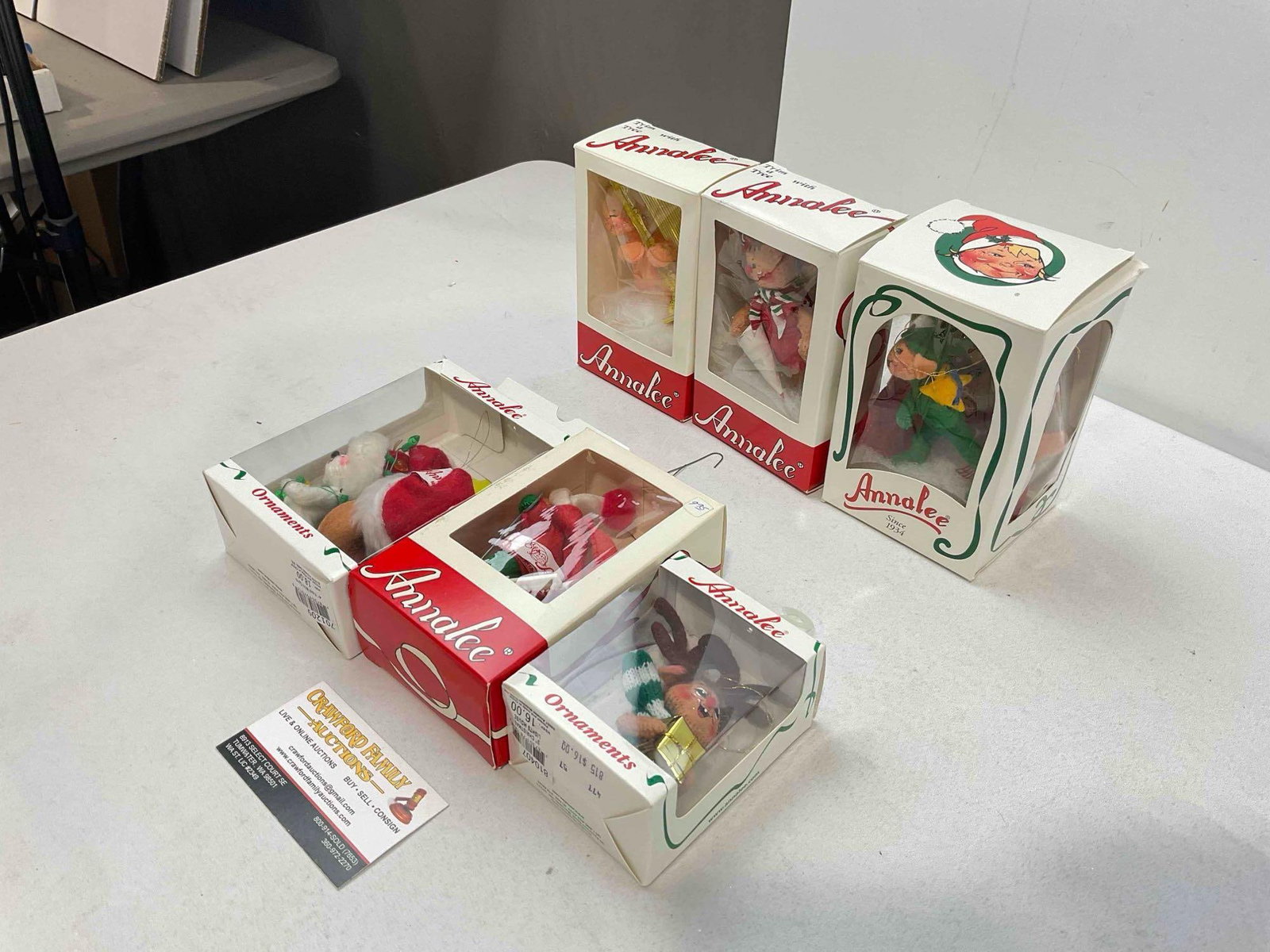 6 pcs Annalee Mobiltee Dolls Christmas Tree Ornaments in Original Boxes, Vintage & Modern. - 3