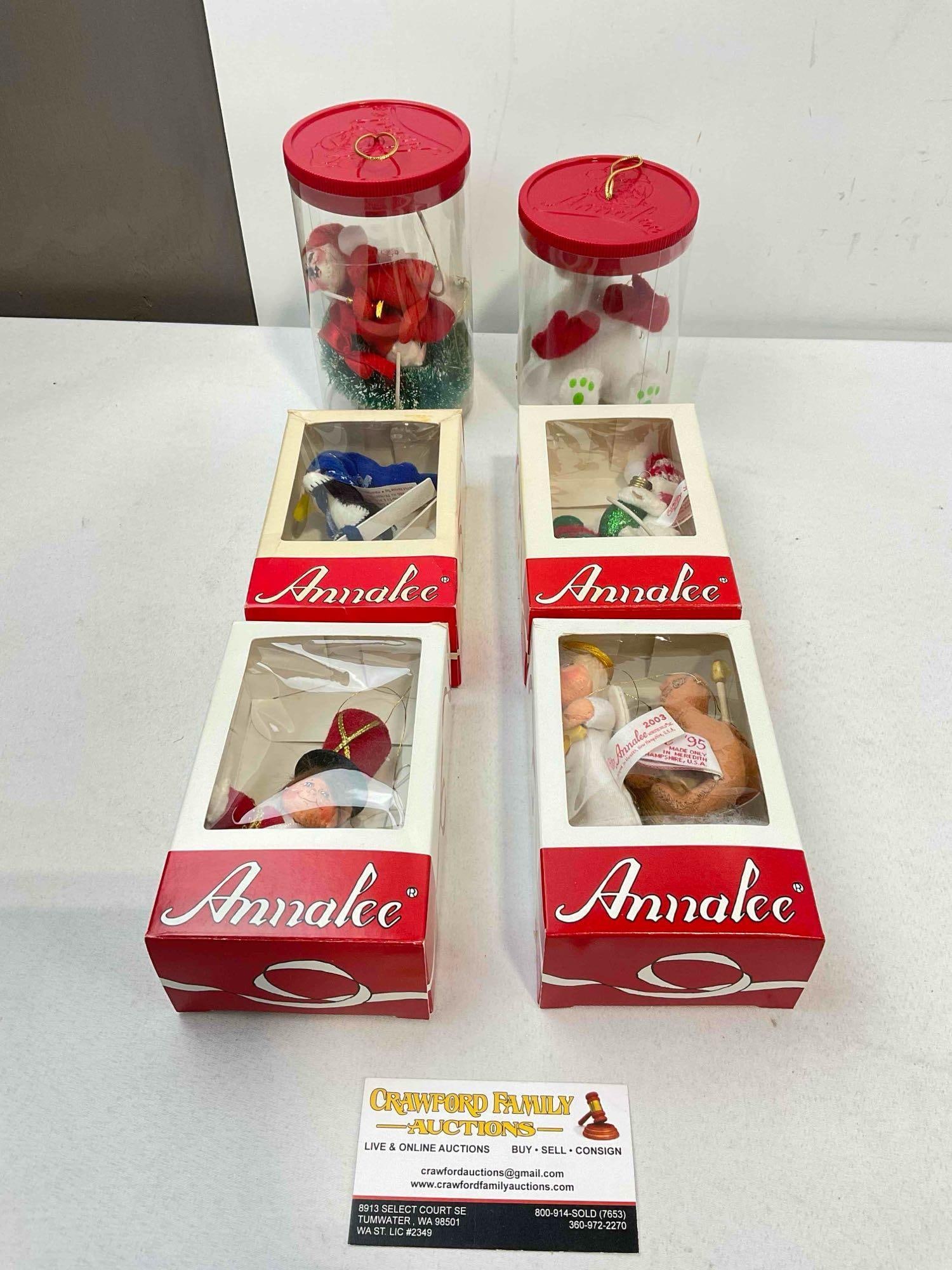6 pcs Annalee Mobiltee Dolls Christmas Tree Ornaments in Original Boxes, Vintage & Modern.: 6 pcs Annalee Mobiltee Dolls Christmas Tree Ornaments in Original Boxes, Vintage & Modern. Minor wear indicative of age and use, see photos for condition. Fits in box measuring 11" x 9" x 6" DM-66