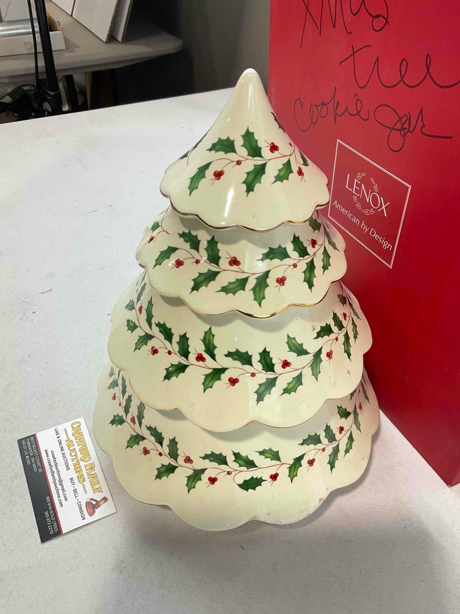 Lenox Holiday Cream Ceramic Christmas Tree Shaped Cookie Jar w/ Holly Pattern & Original Box. - 2