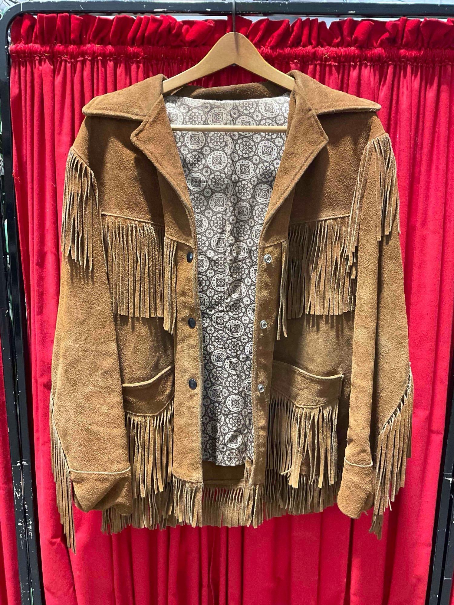 Vintage Joo-Kay Western Style Brown Suede Leather Jacket w/ Fringe Detail. See pics.: Vintage Joo-Kay Western Style Brown Suede Leather Jacket w/ Fringe Detail. No size given, measures 18" shoulders, 17" chest, 25" body. Minor wear indicative of age and use, see photos for condition. M