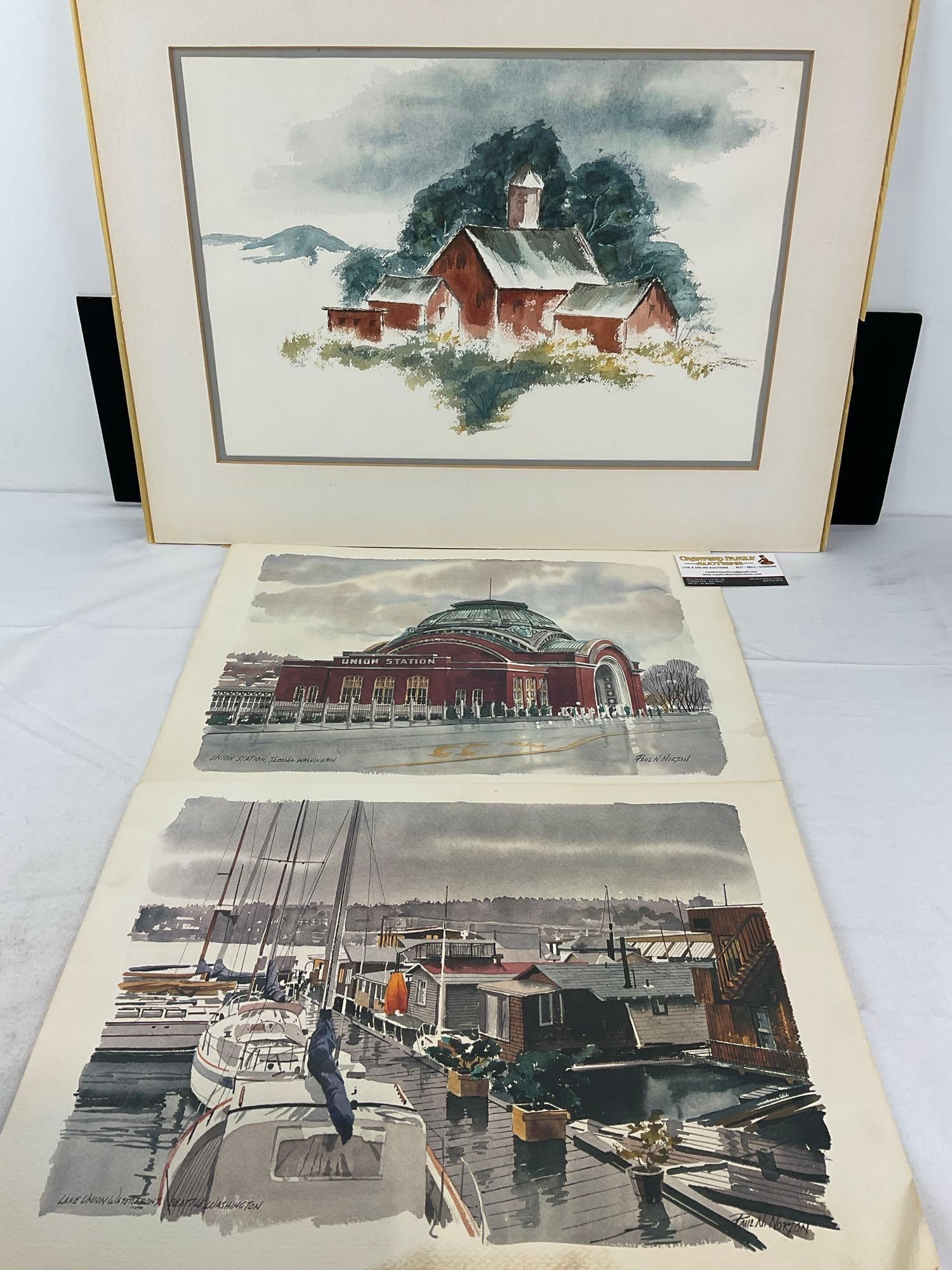 2x Unframed Paul N Norton WA state Lithos, & Matted Watercolor Barnhouse piece, 19x23 inches: Lake Union Waterfront Seattle Washington & Union Station Tacoma Washington. See pics for condition. Measures approx 19h x 23w x 3d inches. E-6420