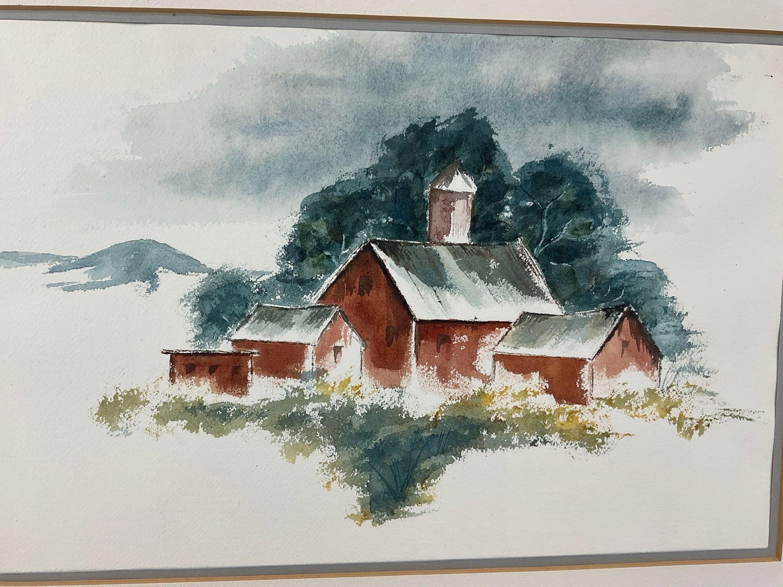 2x Unframed Paul N Norton WA state Lithos, & Matted Watercolor Barnhouse piece, 19x23 inches - 2