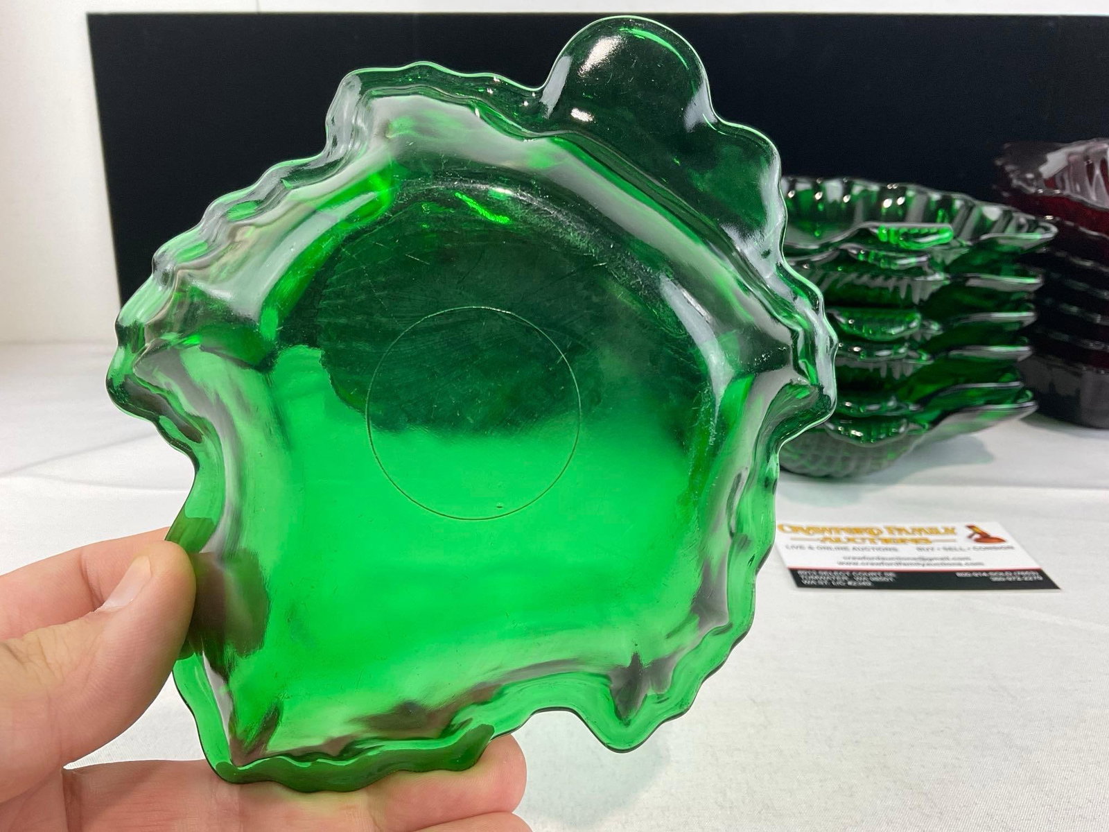 22 Colored Glass pieces, 7 Red Leaf, 9 Green Leaf & 6 Green Shell Shaped Bowls - 2