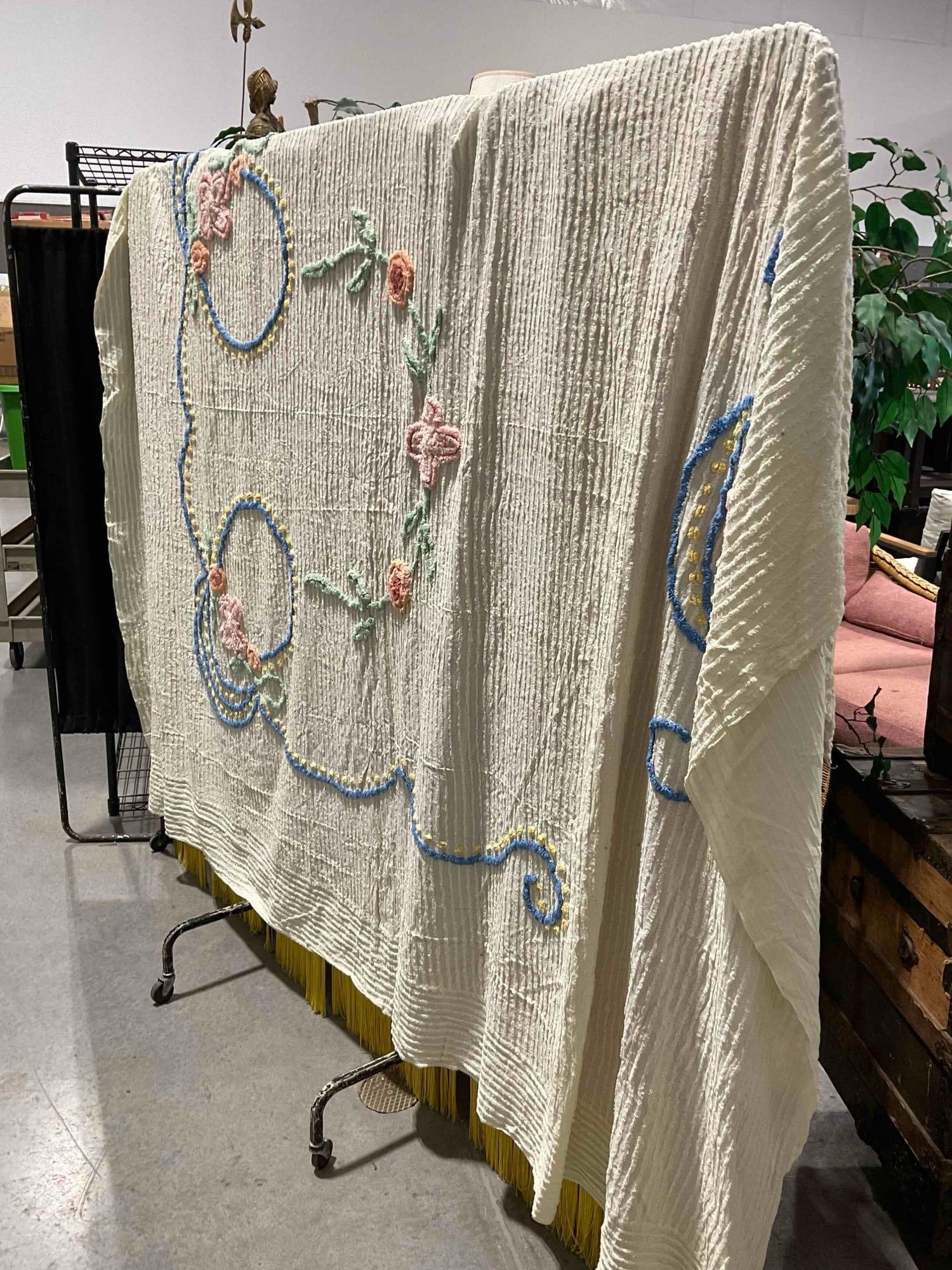 Vintage Hand Stitched Cream Chenille Blanket Bedspread w/ Floral Accents. Measures 100" x 100" - 2