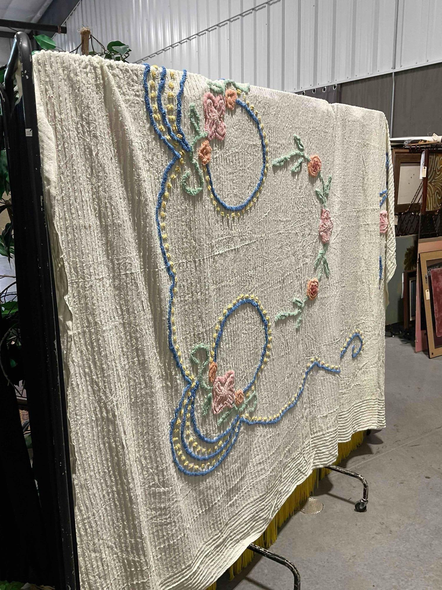 Vintage Hand Stitched Cream Chenille Blanket Bedspread w/ Floral Accents. Measures 100" x 100" - 3