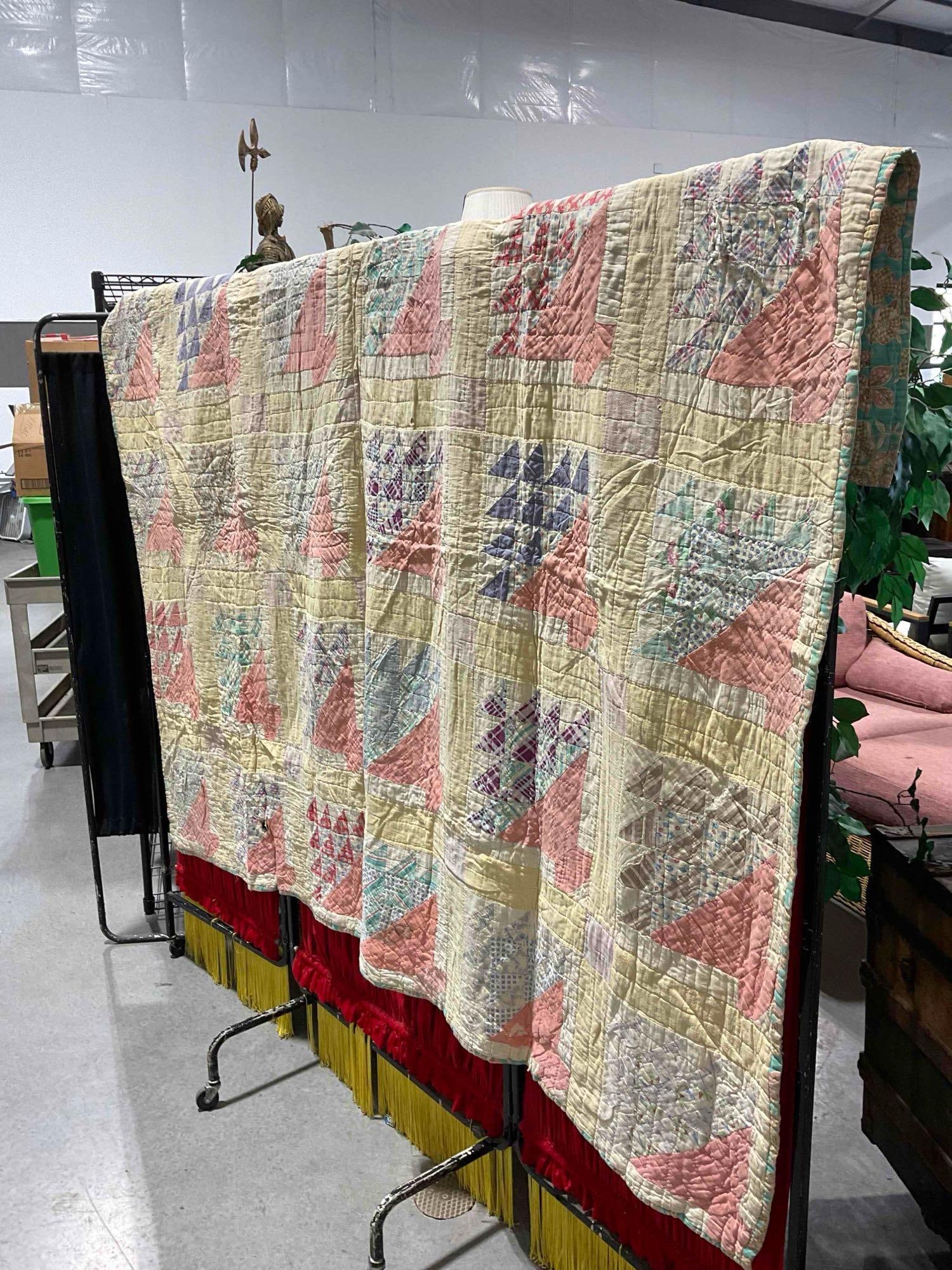 Vintage Hand Quilted Yellow Patchwork Blanket Bedspread w/ Flower Basket Pattern. 80" x 70" - 2