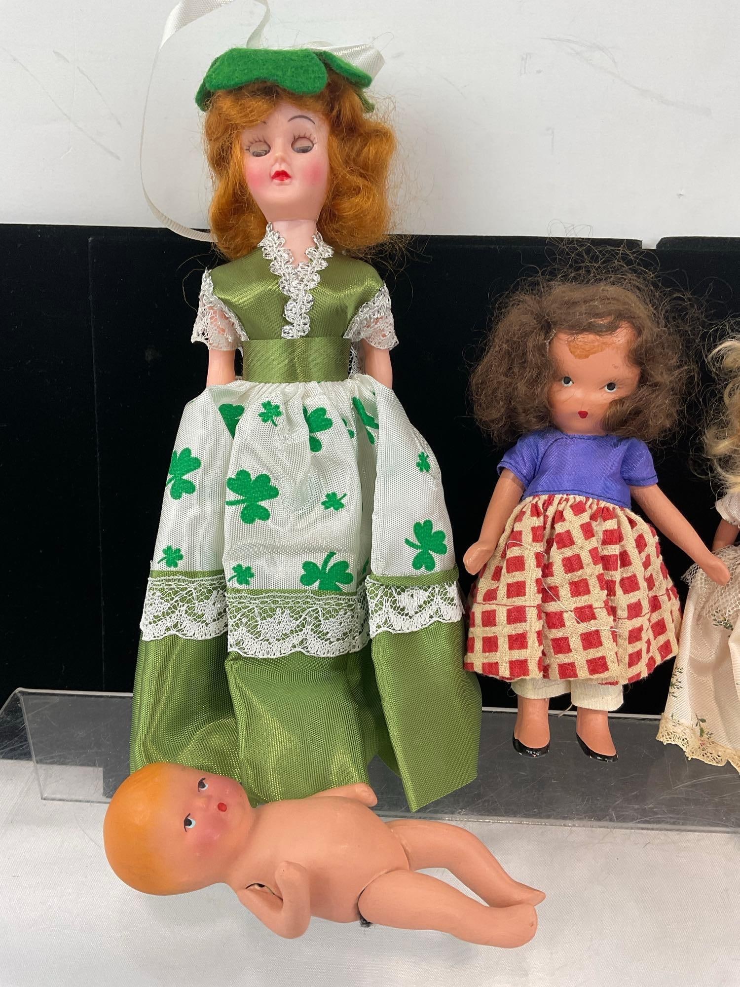 Set of 3 Storybook Girl Dolls, Small Bisque Porcelain Baby & 1970s Souvenir Ireland Doll - 2