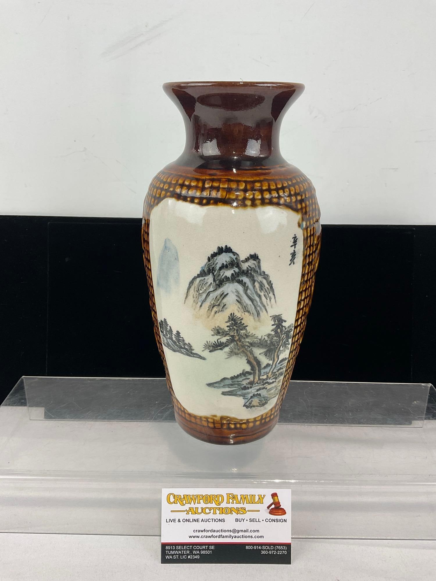 Vintage Brown Glazed Chinese Vase, 11x6x6 in, Mountain Scene: See pics for condition. Measures approx 11h x 6w x 6d inches. E-6620