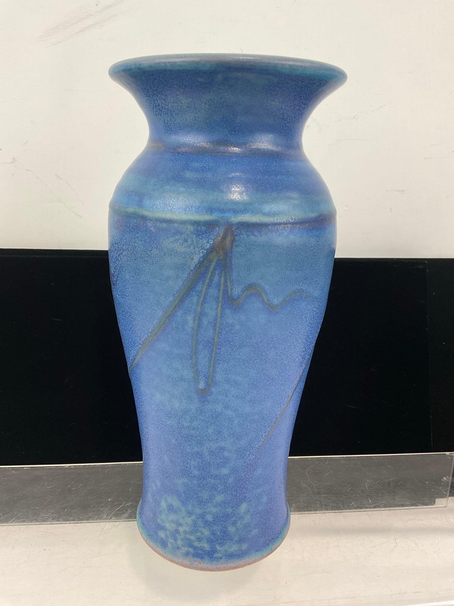 Vintage Signed Blue Glazed Stoneware Vase, 11h x 6w x 6d inches - 3