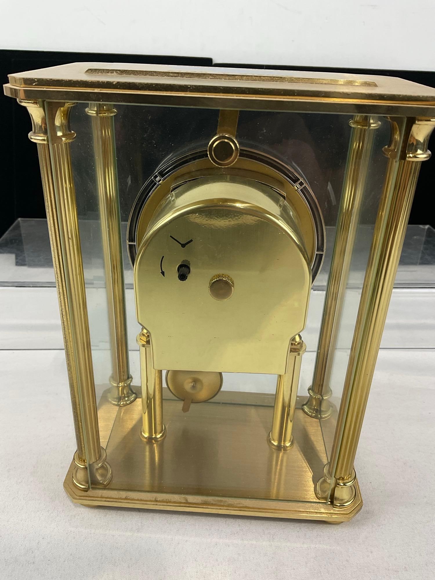 Benchmark Skeleton Quartz Brass & Glass Clock, made in Germany, 9x7x4 inches - 3