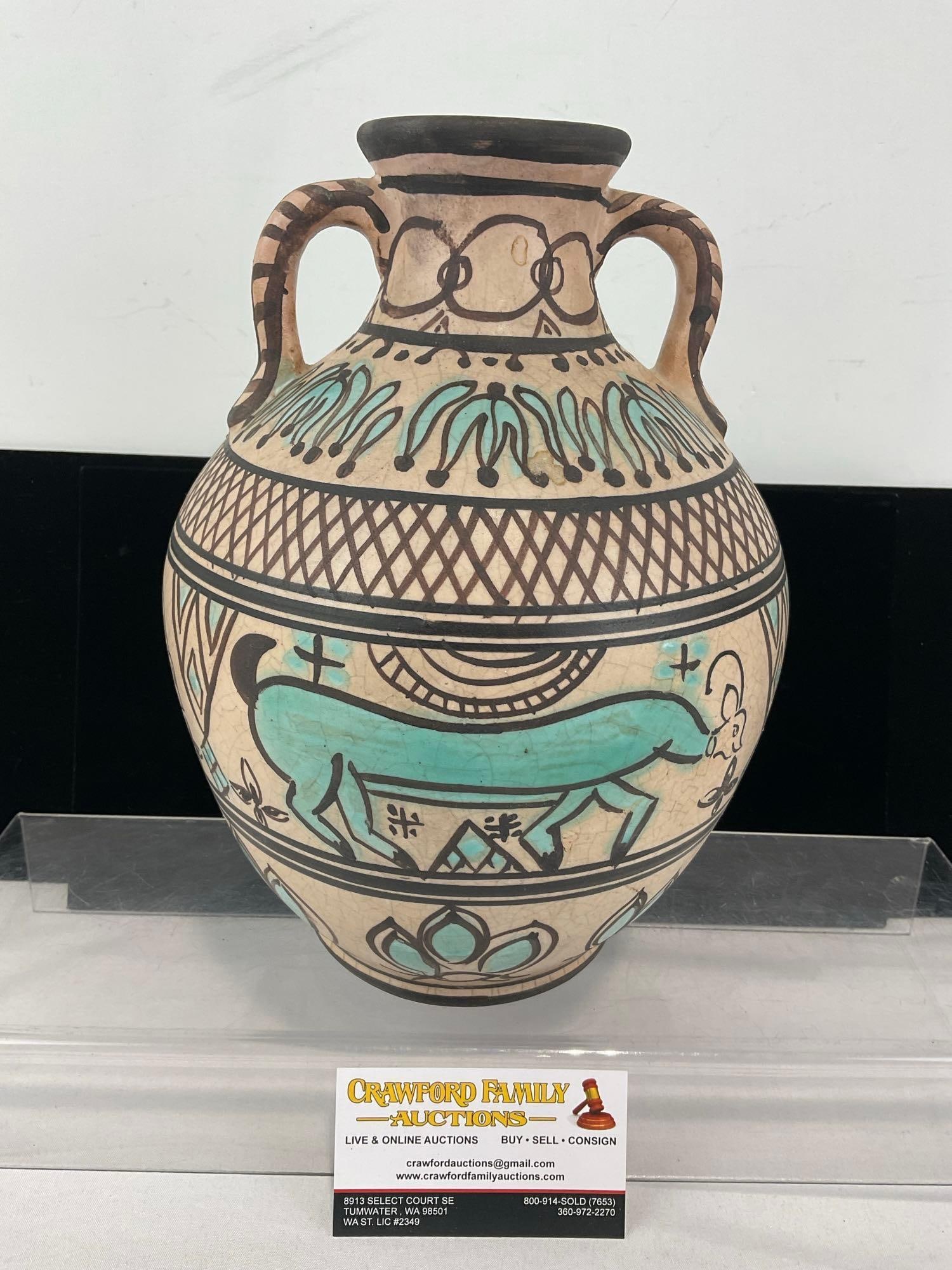 Double Handled Amphora style Vase, w/Turquoise & Brown Details, 11h x 8w x 8d inches: Marked Artesa on the bottom. Possibly made in Ecuador? See pics for condition. Measures approx 11h x 8w x 8d inches. E-6620