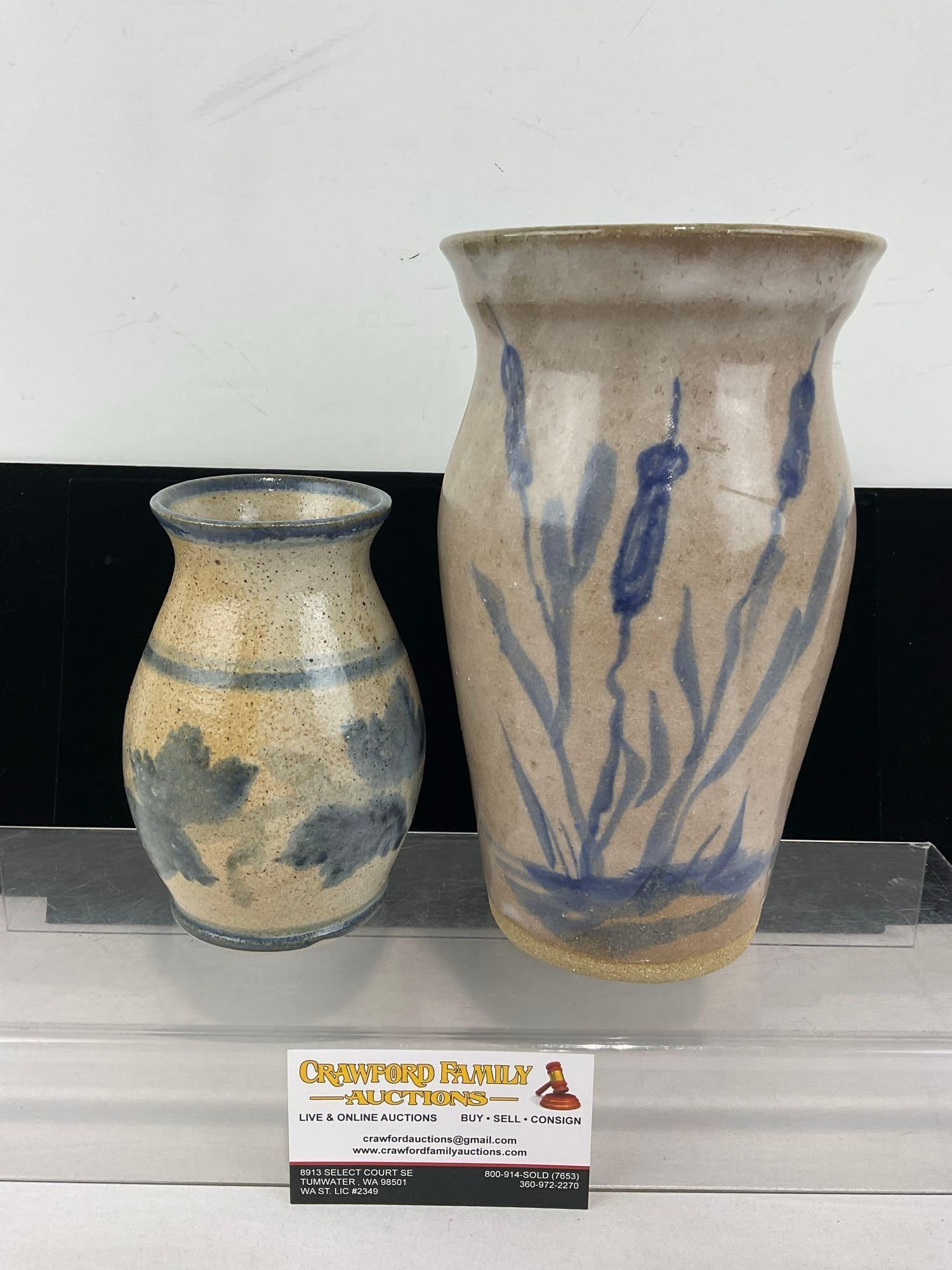 Pair of Vintage Salt Glazed Vases, Grey w/Blue, Little Mountain Pottery & B.E.P. marked: See pics for condition. Measures approx 12h x 6w x 6d inches. E-6620