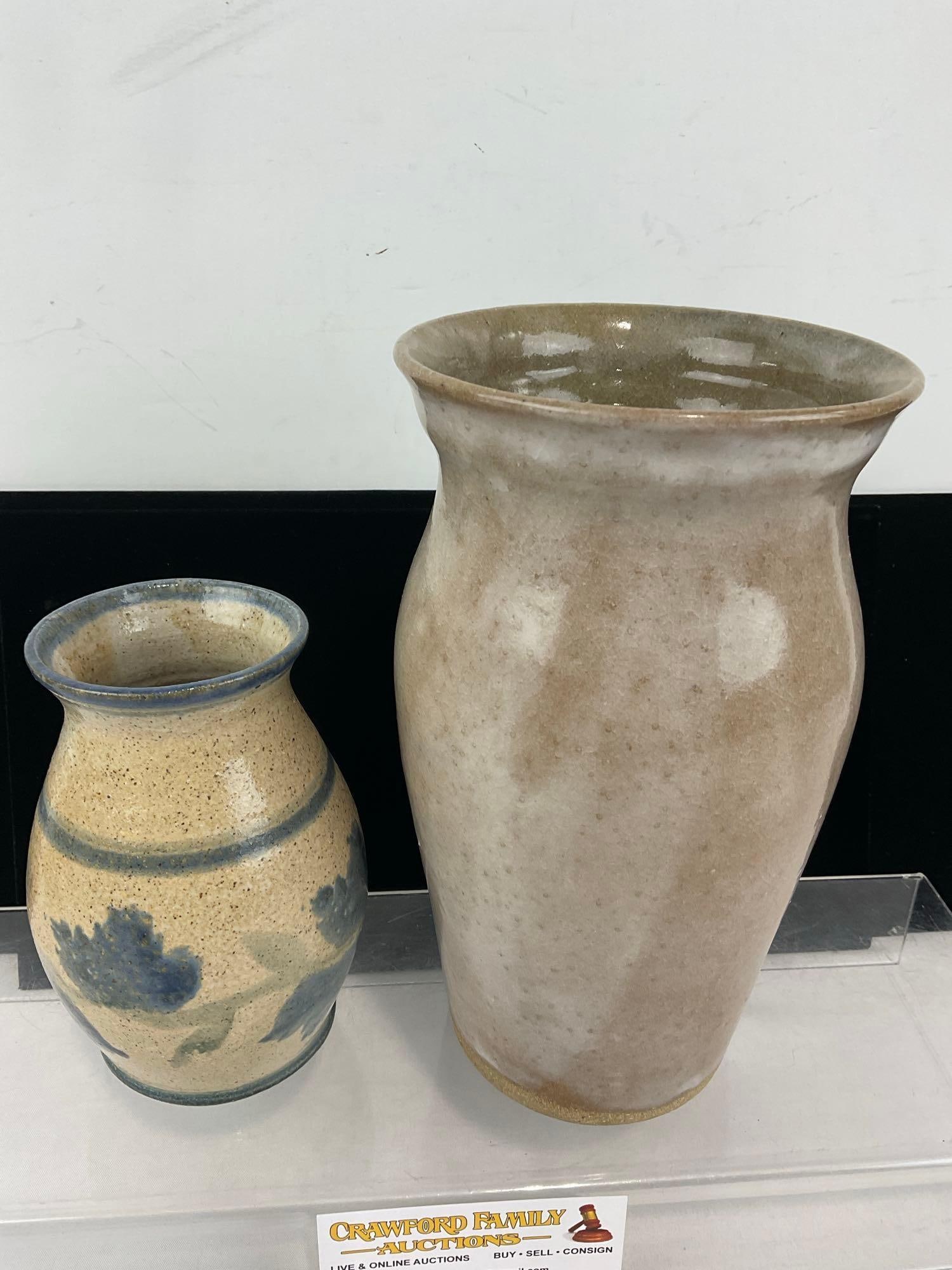 Pair of Vintage Salt Glazed Vases, Grey w/Blue, Little Mountain Pottery & B.E.P. marked - 2