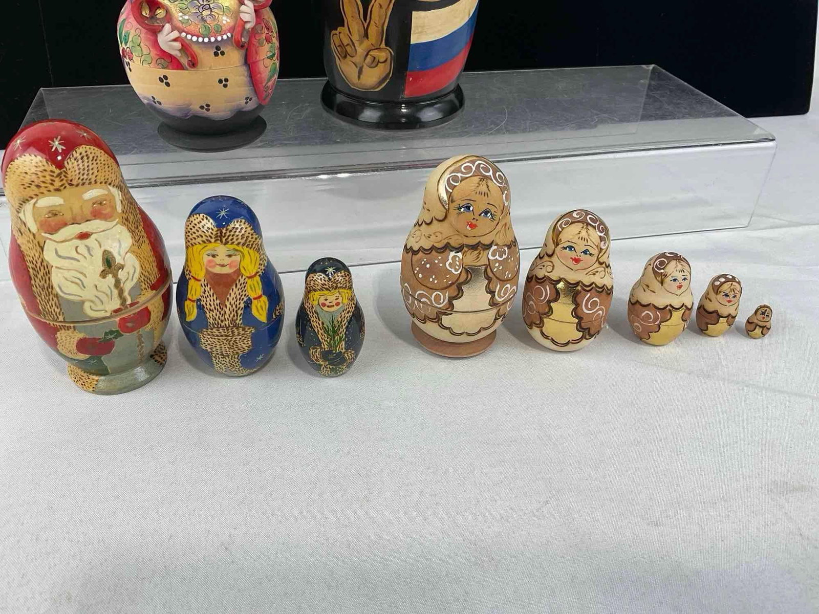 Set of 4 Nesting Dolls, Matryoshka, Santa, 2x Woman, & Soviet Leader Sets, handpainted pieces - 2