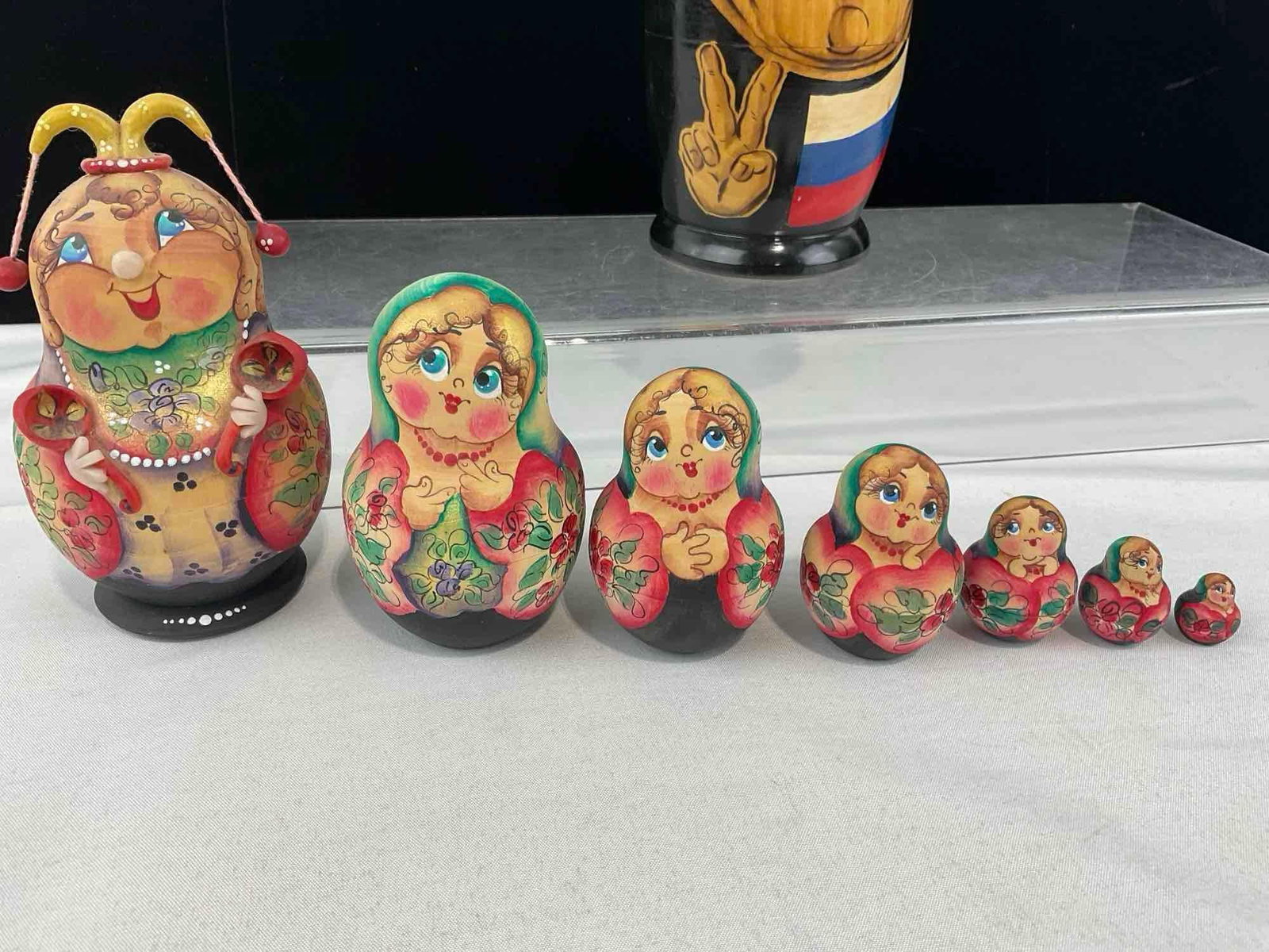 Set of 4 Nesting Dolls, Matryoshka, Santa, 2x Woman, & Soviet Leader Sets, handpainted pieces - 4