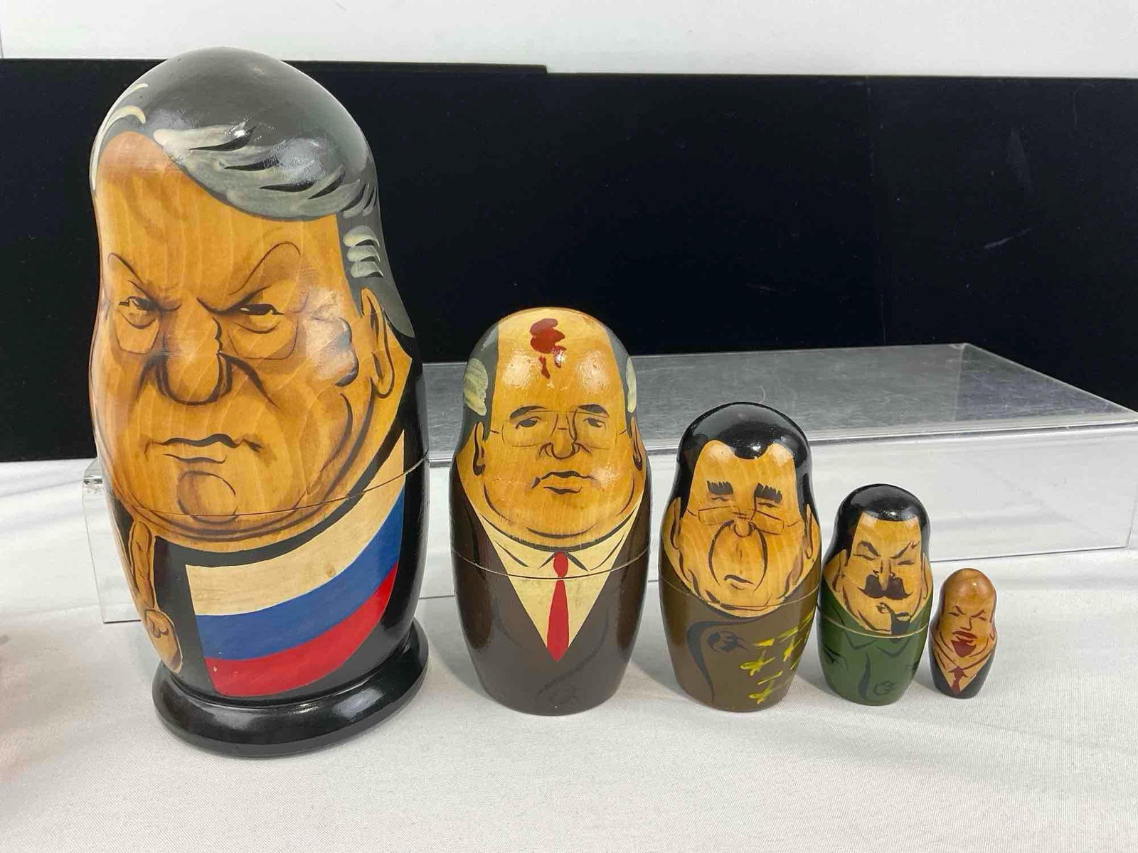Set of 4 Nesting Dolls, Matryoshka, Santa, 2x Woman, & Soviet Leader Sets, handpainted pieces - 5