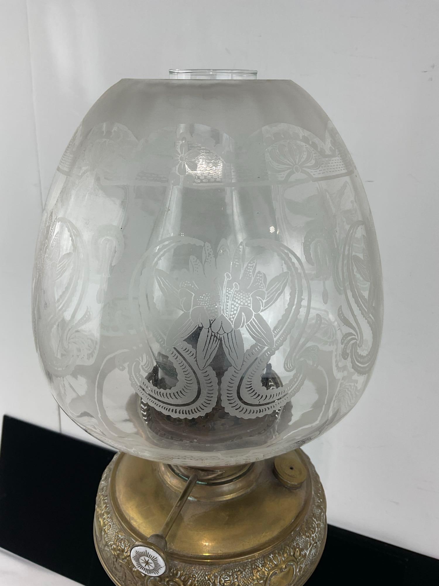 Antique German Oil Lamp, Brass Base, Embossed Font, w/Glass Chimney & Etched Globe, 26x9x9 in - 2