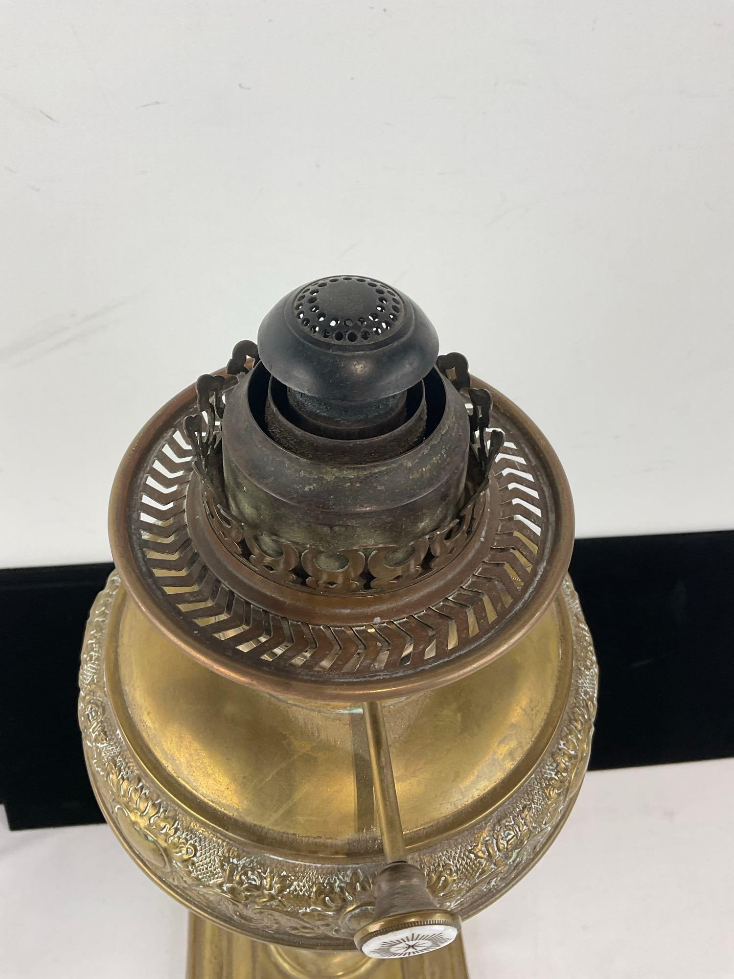 Antique German Oil Lamp, Brass Base, Embossed Font, w/Glass Chimney & Etched Globe, 26x9x9 in - 4