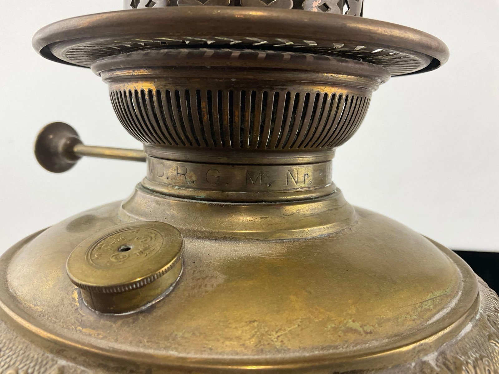 Antique German Oil Lamp, Brass Base, Embossed Font, w/Glass Chimney & Etched Globe, 26x9x9 in - 5