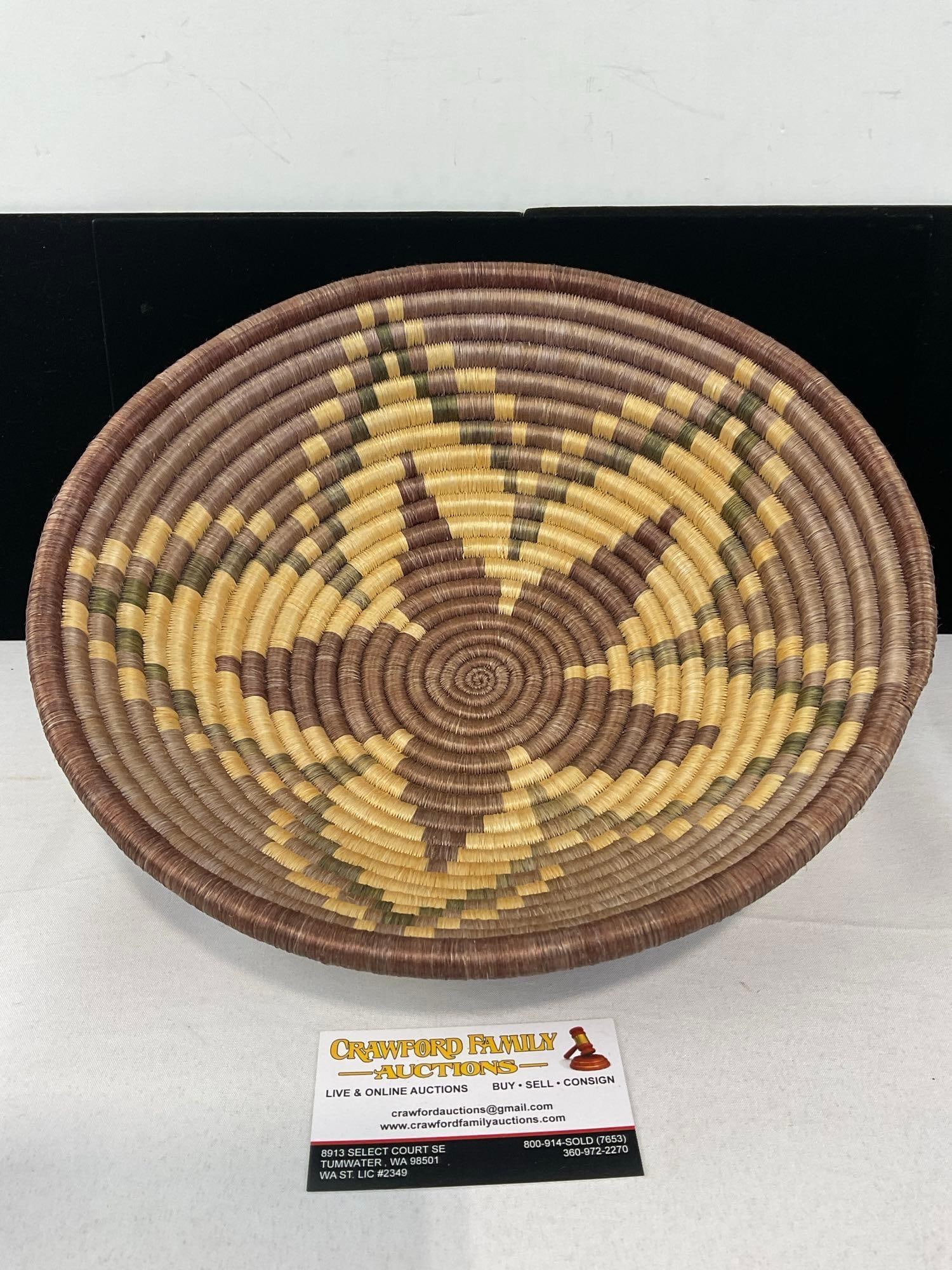 Handwoven Coiled Basket, Geometric Pattern, 6h x 13w x 13d in, Purple, Red & Tan color: The colors look a bit muted on the front, possibly sun damage, or just dust. See pics for condition. Measures approx 6h x 13w x 13d inches. E-6620