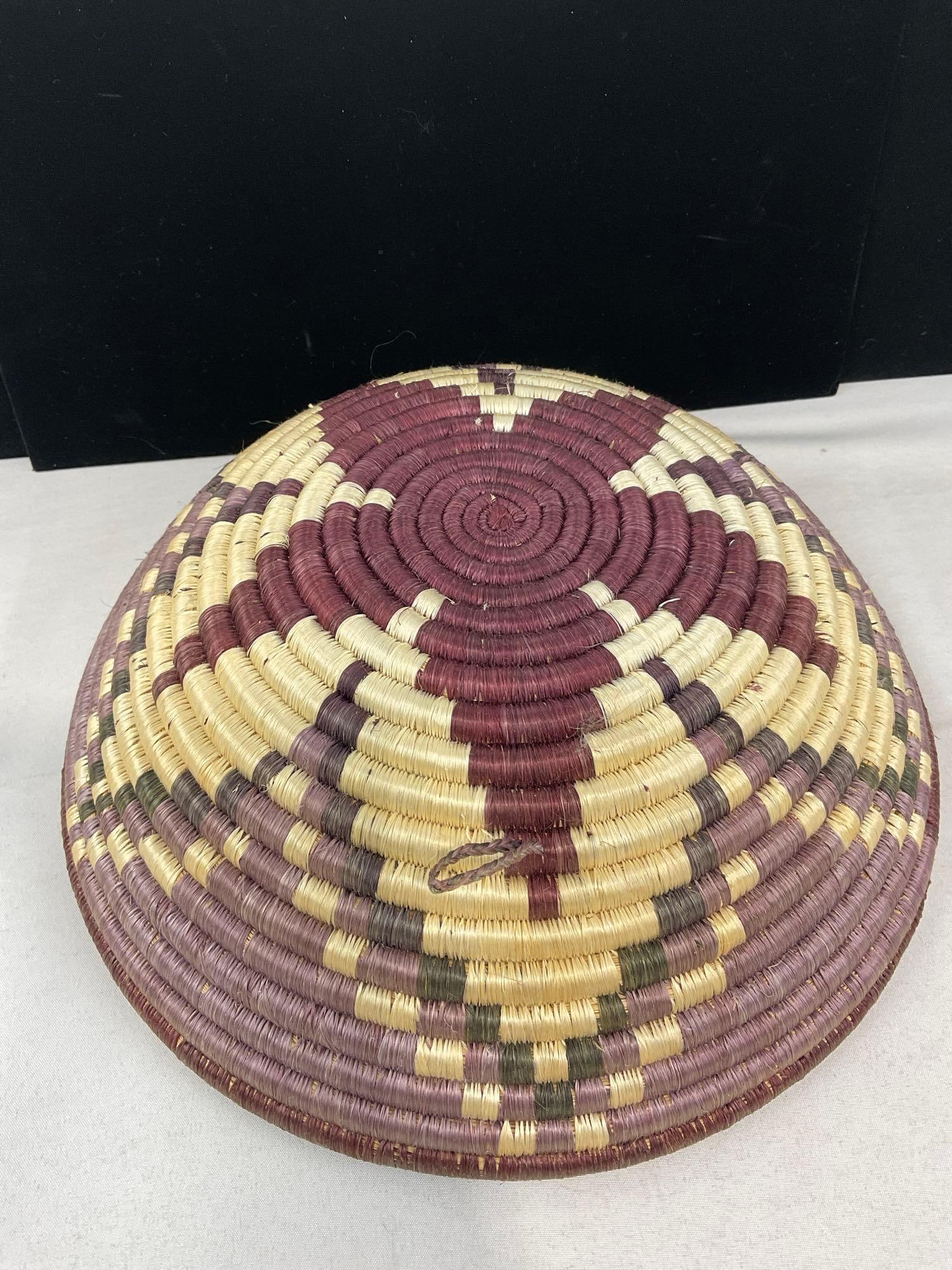 Handwoven Coiled Basket, Geometric Pattern, 6h x 13w x 13d in, Purple, Red & Tan color - 3
