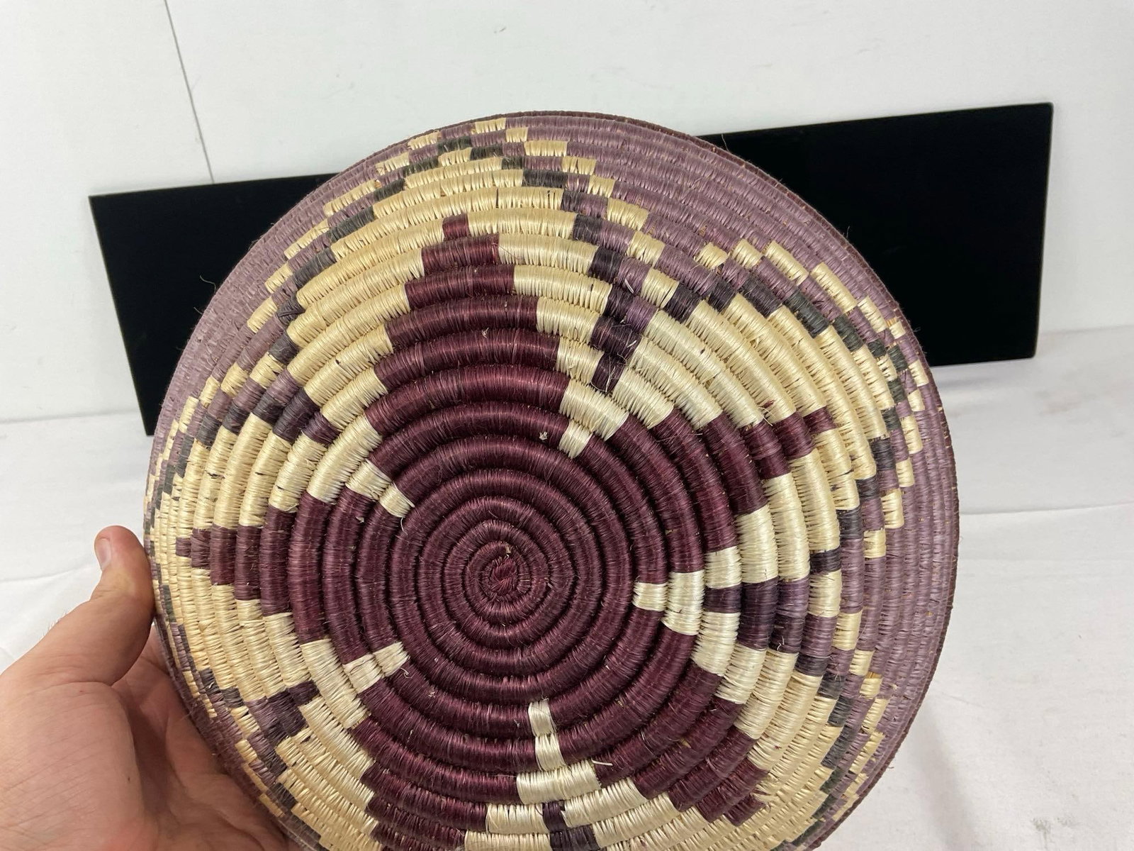 Handwoven Coiled Basket, Geometric Pattern, 6h x 13w x 13d in, Purple, Red & Tan color - 4