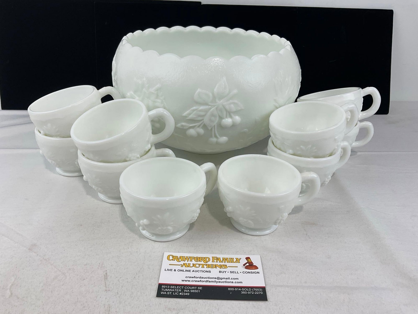 Vintage Westmoreland Punch Bowl, Milk Glass w/10 Matching Cups, 9x11x11 inches: One chip on the bottom edge of the bowl. See pics for condition. Measures approx 9h x 11w x 11d inches. E-6620