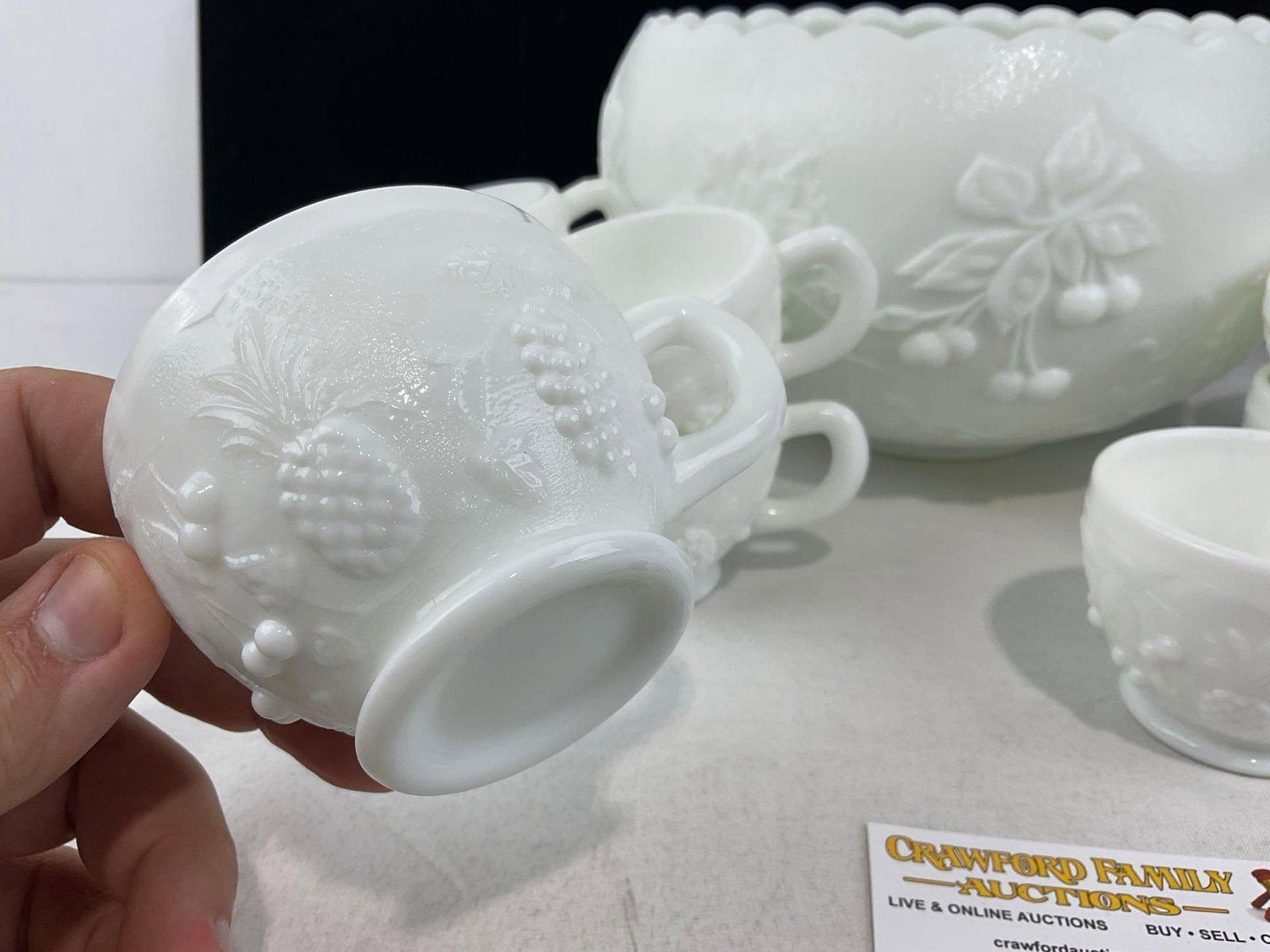 Vintage Westmoreland Punch Bowl, Milk Glass w/10 Matching Cups, 9x11x11 inches - 3