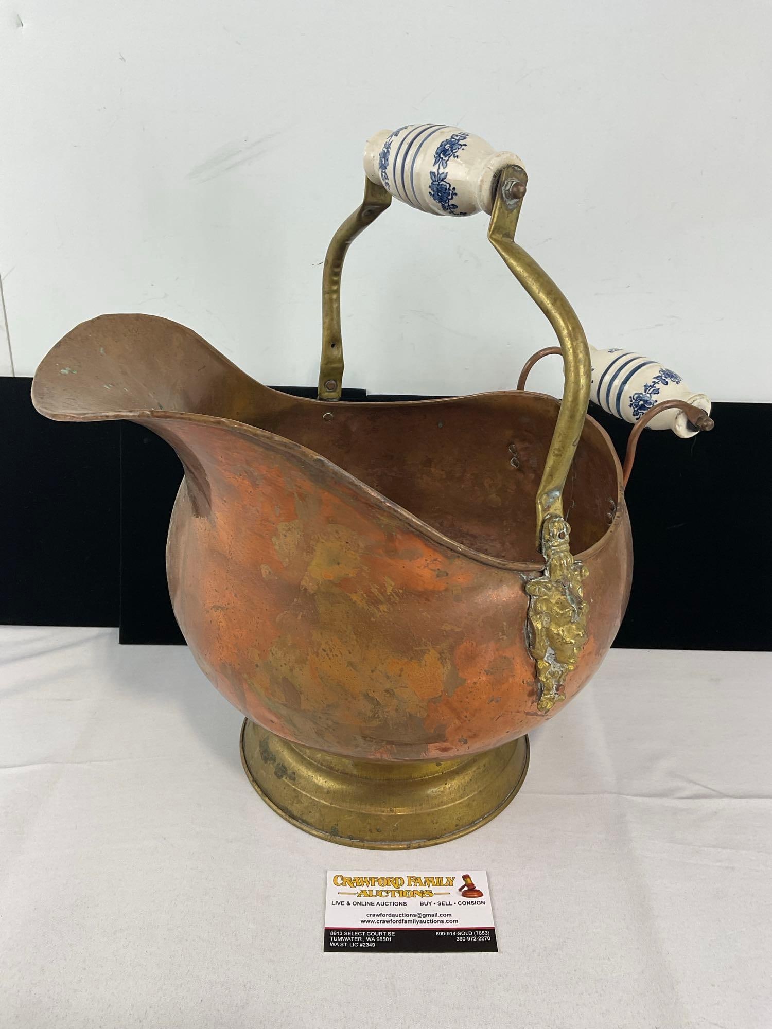 Antique Copper & Brass Coal Scuttle Bucket, w/Blue/White Porcelain Handles, 16x15x13 inches: Some scratches, and some tarnishing can be seen. See pics for condition. Measures approx 16h x 15w x 13d inches. E-6620