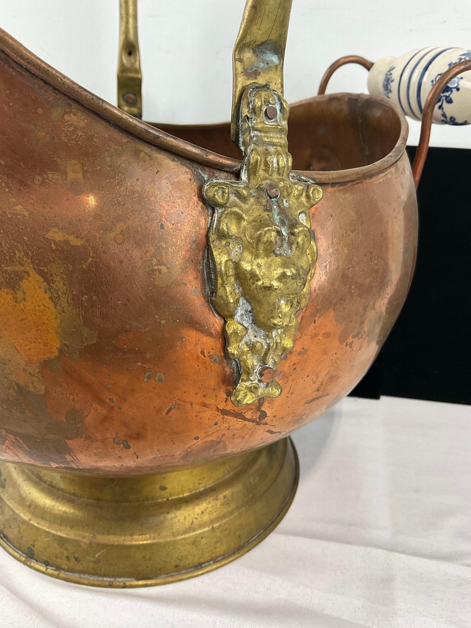 Antique Copper & Brass Coal Scuttle Bucket, w/Blue/White Porcelain Handles, 16x15x13 inches - 3