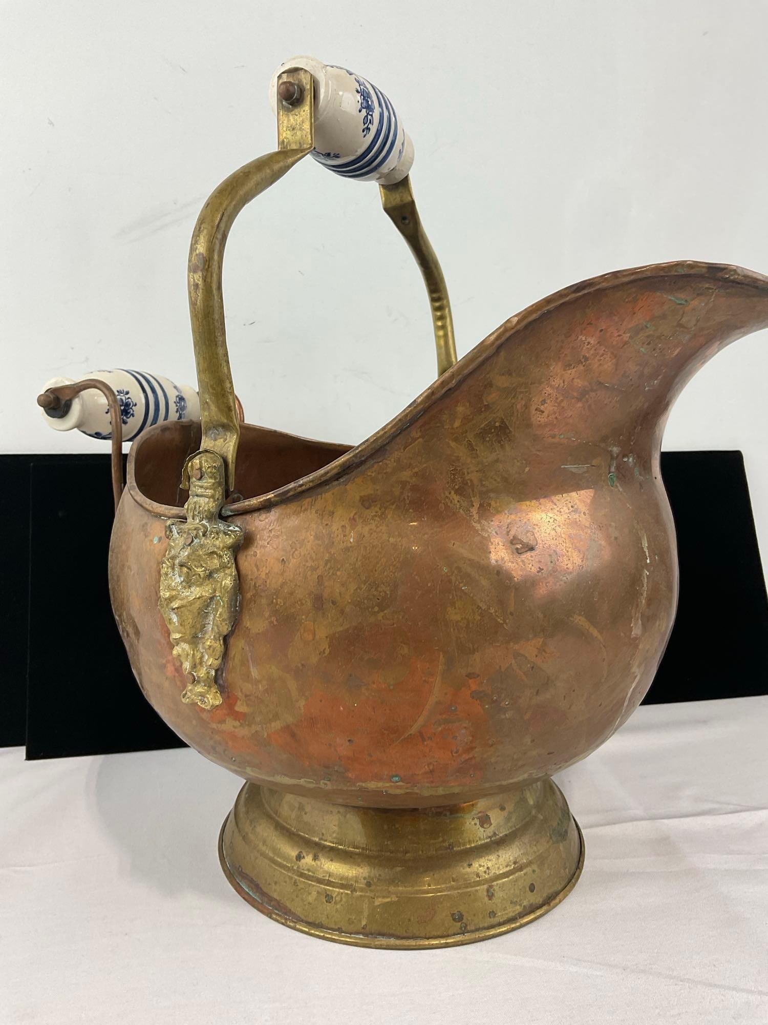 Antique Copper & Brass Coal Scuttle Bucket, w/Blue/White Porcelain Handles, 16x15x13 inches - 4