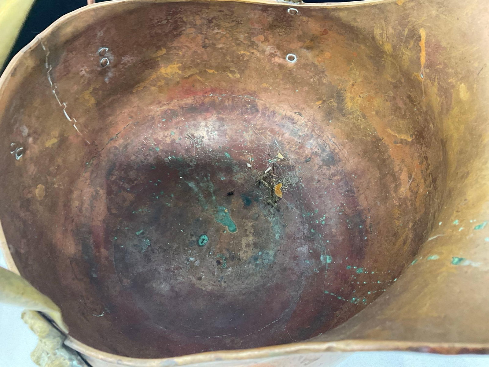 Antique Copper & Brass Coal Scuttle Bucket, w/Blue/White Porcelain Handles, 16x15x13 inches - 5