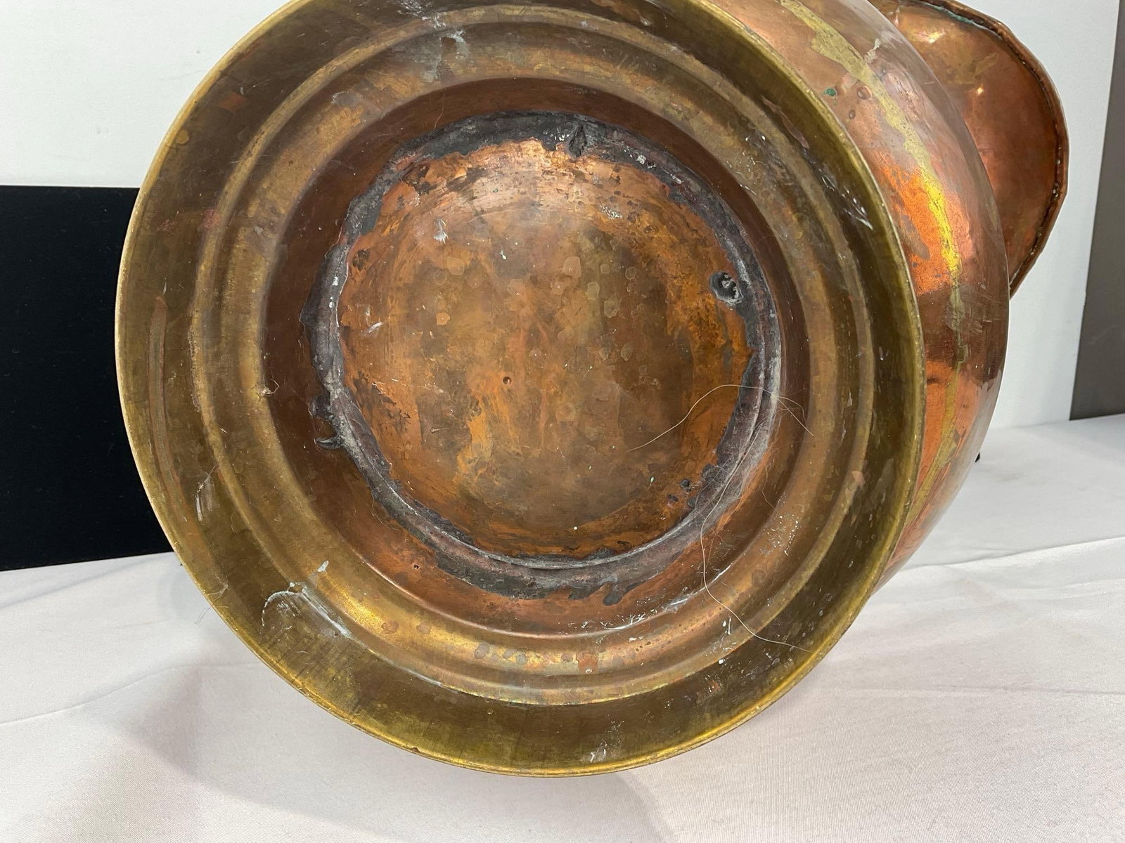 Antique Copper & Brass Coal Scuttle Bucket, w/Blue/White Porcelain Handles, 16x15x13 inches - 6