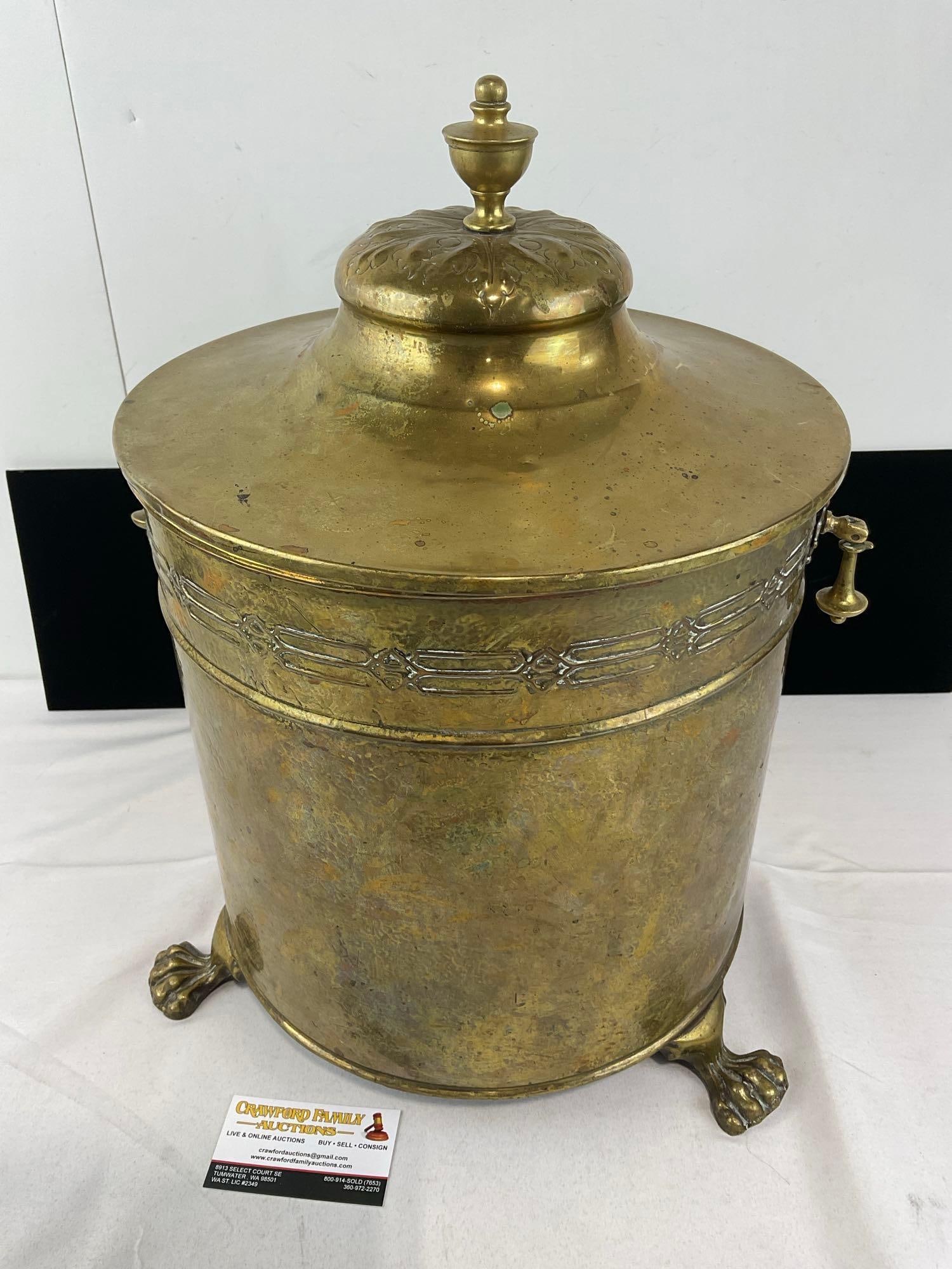 Vintage Brass Lidded Bucket, w/Finial, Dangling Handles, 3 Claw Feet, w/iron insert, 14 inches tall (1 of 7)