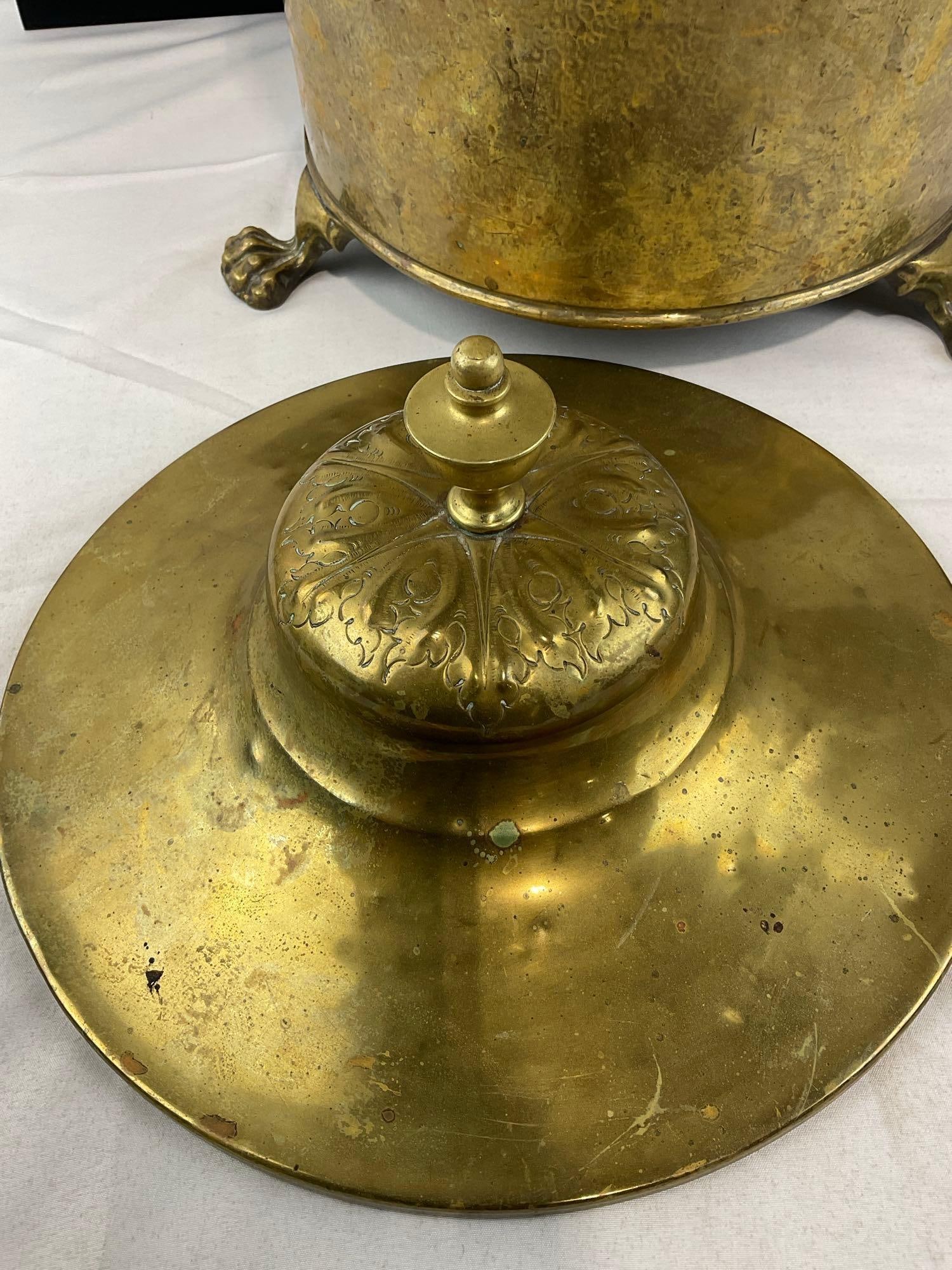 Vintage Brass Lidded Bucket, w/Finial, Dangling Handles, 3 Claw Feet, w/iron insert, 14 inches tall - 2