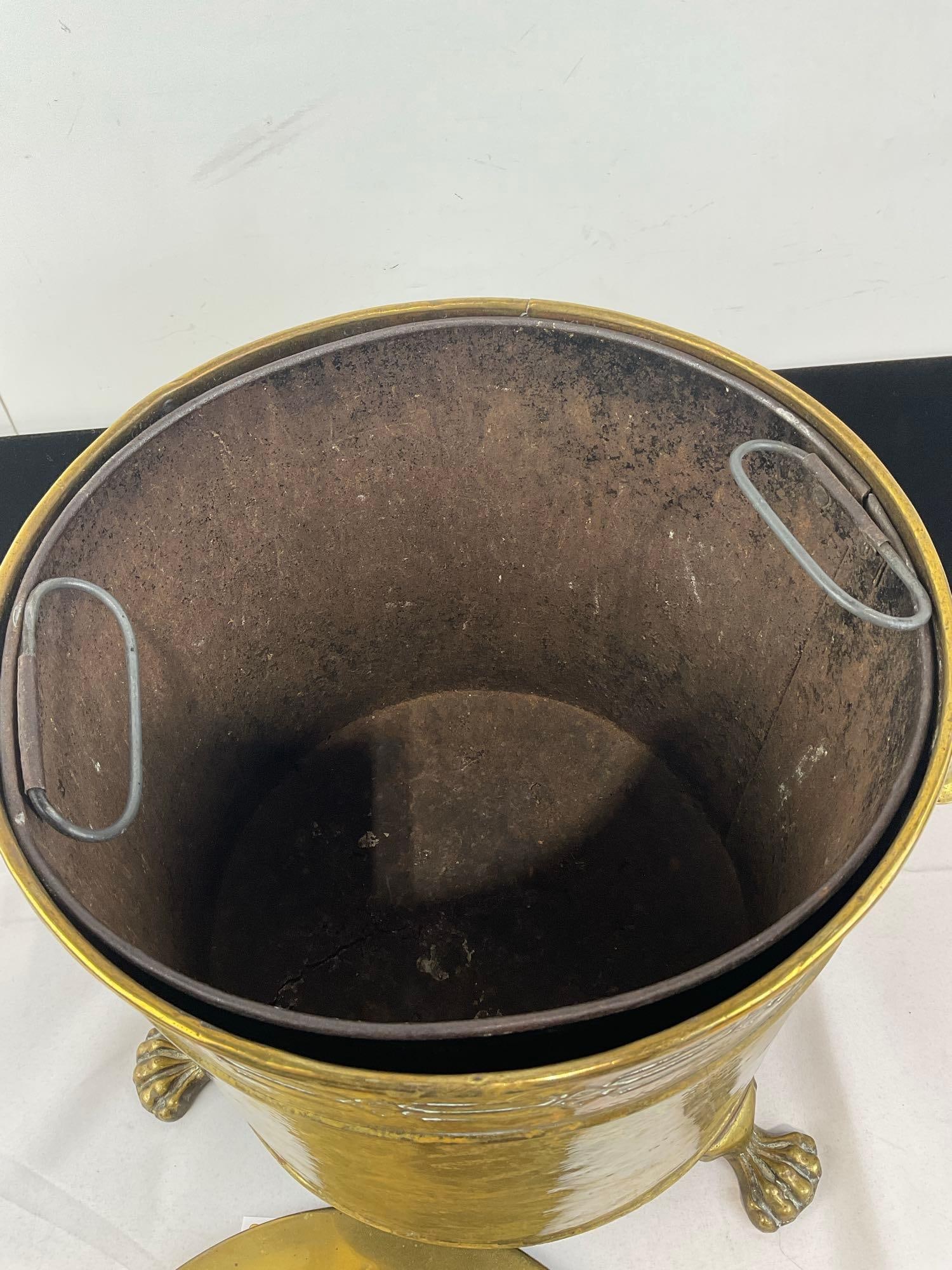 Vintage Brass Lidded Bucket, w/Finial, Dangling Handles, 3 Claw Feet, w/iron insert, 14 inches tall - 3