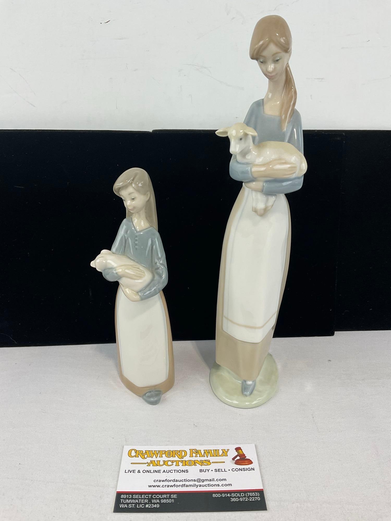 Pair of LLADRO Figurines, #4505 Girl with Lamb & #1011 Girl with Pig, Glazed Porcelain: See pics for condition. Measures approx 12h x 5w x 4d inches. E-6620