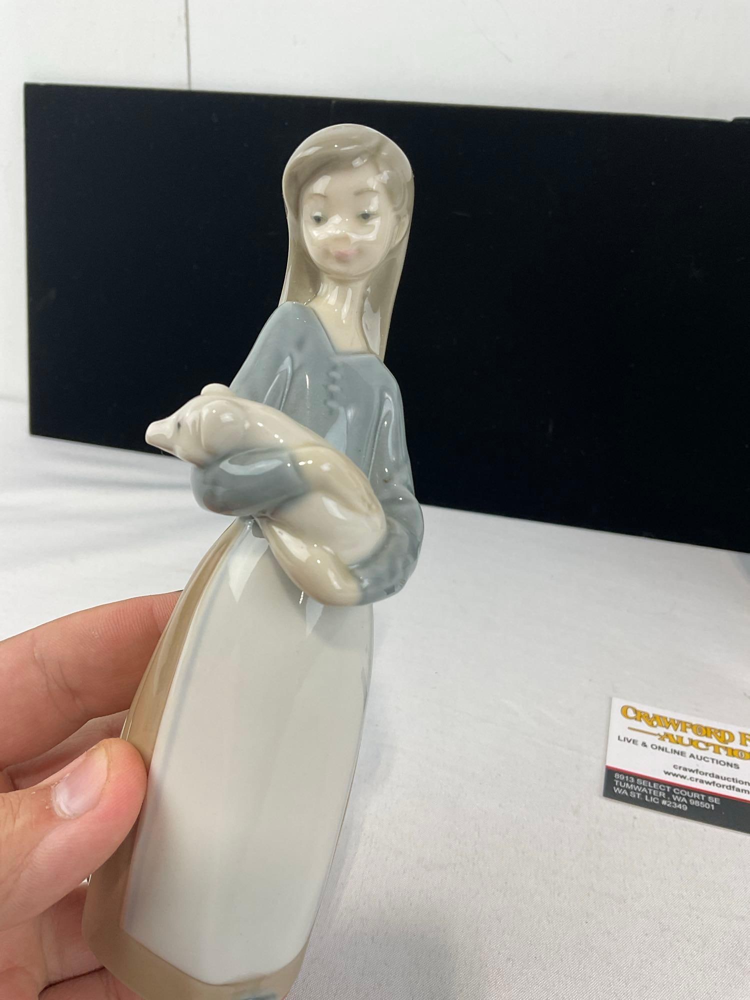 Pair of LLADRO Figurines, #4505 Girl with Lamb & #1011 Girl with Pig, Glazed Porcelain - 2