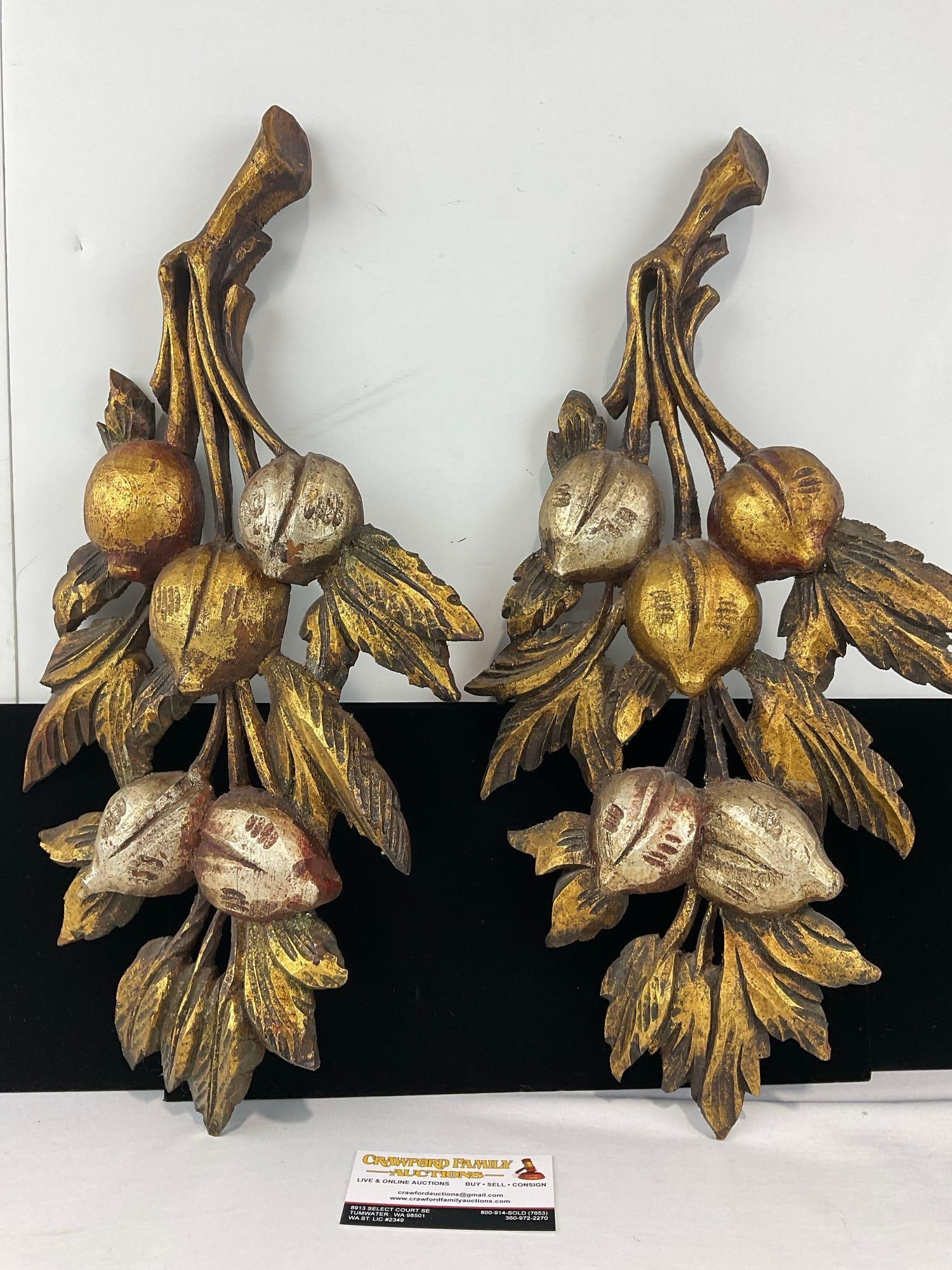 Pair of Vintage Handcarved Giltwood Fruit Wall Hangings, 20x11 inches: See pics for condition. Measures approx 20h x 11w x 4d inches. E-6620