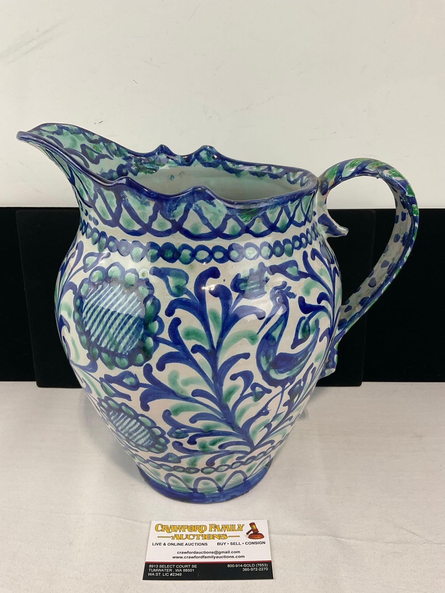 Spanish Ceramic Sangria Pitcher, Blue/Green Handpainted Design, Fajalauza style, 12x11x10 inches: Some crazing, and some imperfections in the glaze. The handle was previously repaired, shows a break from before. See pics for condition. Measures approx 12h x 11w x 10d inches. E-6620