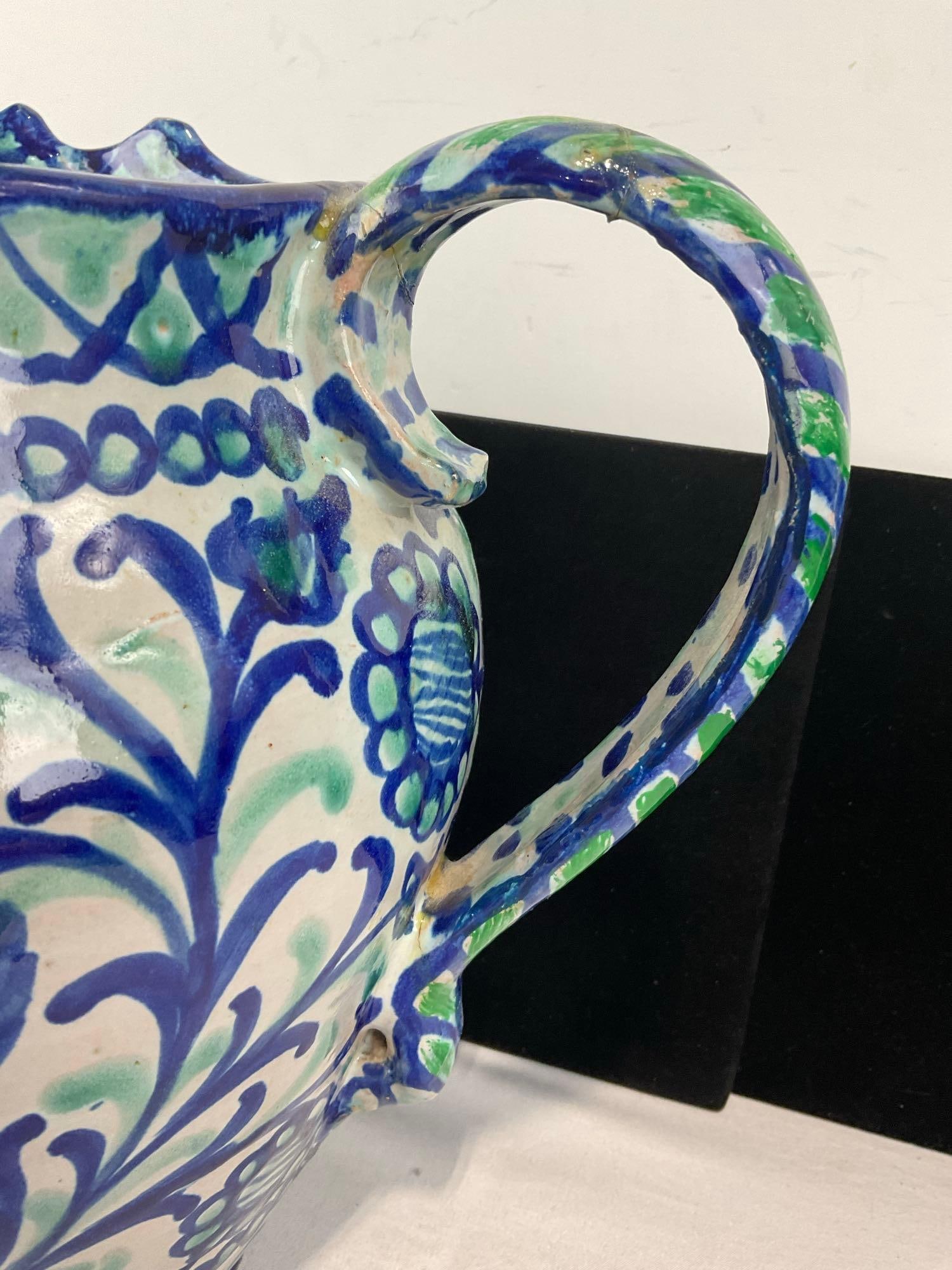 Spanish Ceramic Sangria Pitcher, Blue/Green Handpainted Design, Fajalauza style, 12x11x10 inches - 2