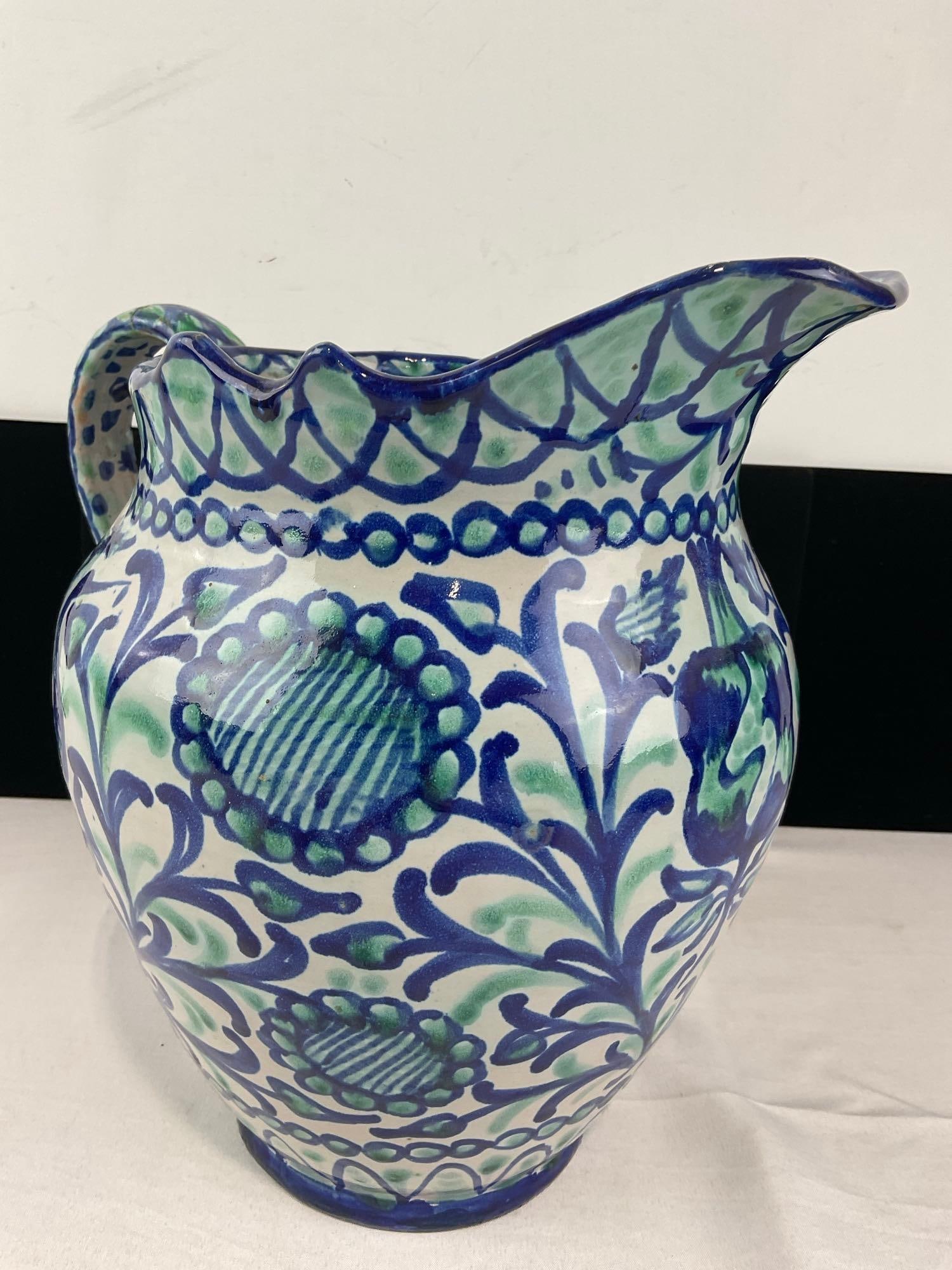 Spanish Ceramic Sangria Pitcher, Blue/Green Handpainted Design, Fajalauza style, 12x11x10 inches - 4