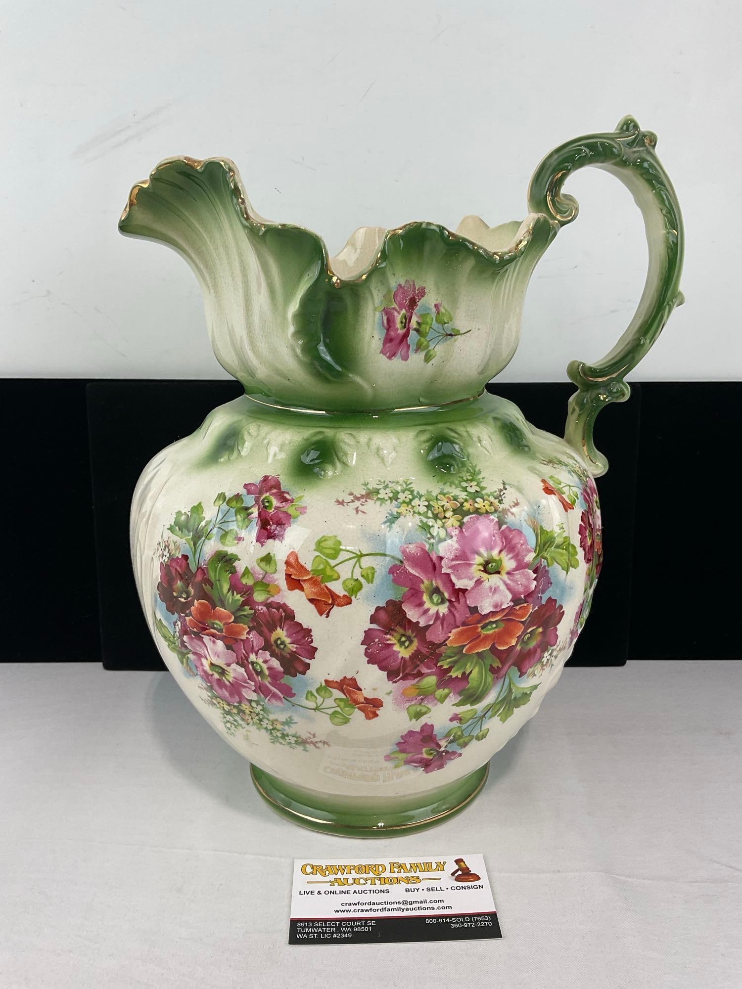 Vintage Ironstone Pitcher, Green on Cream Glazed w/ Handpainted Floral Design, 14x10x10 in: See pics for condition. Measures approx 14h x 10w x 10d inches. E-6620