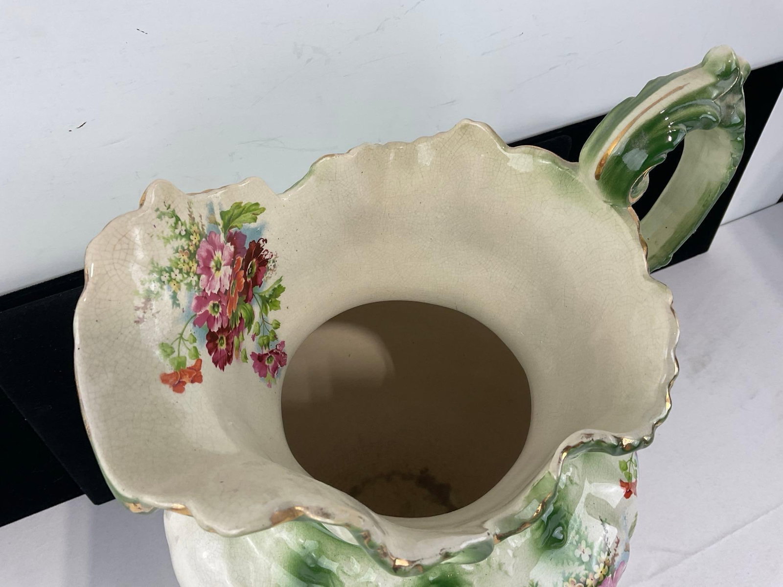 Vintage Ironstone Pitcher, Green on Cream Glazed w/ Handpainted Floral Design, 14x10x10 in - 2