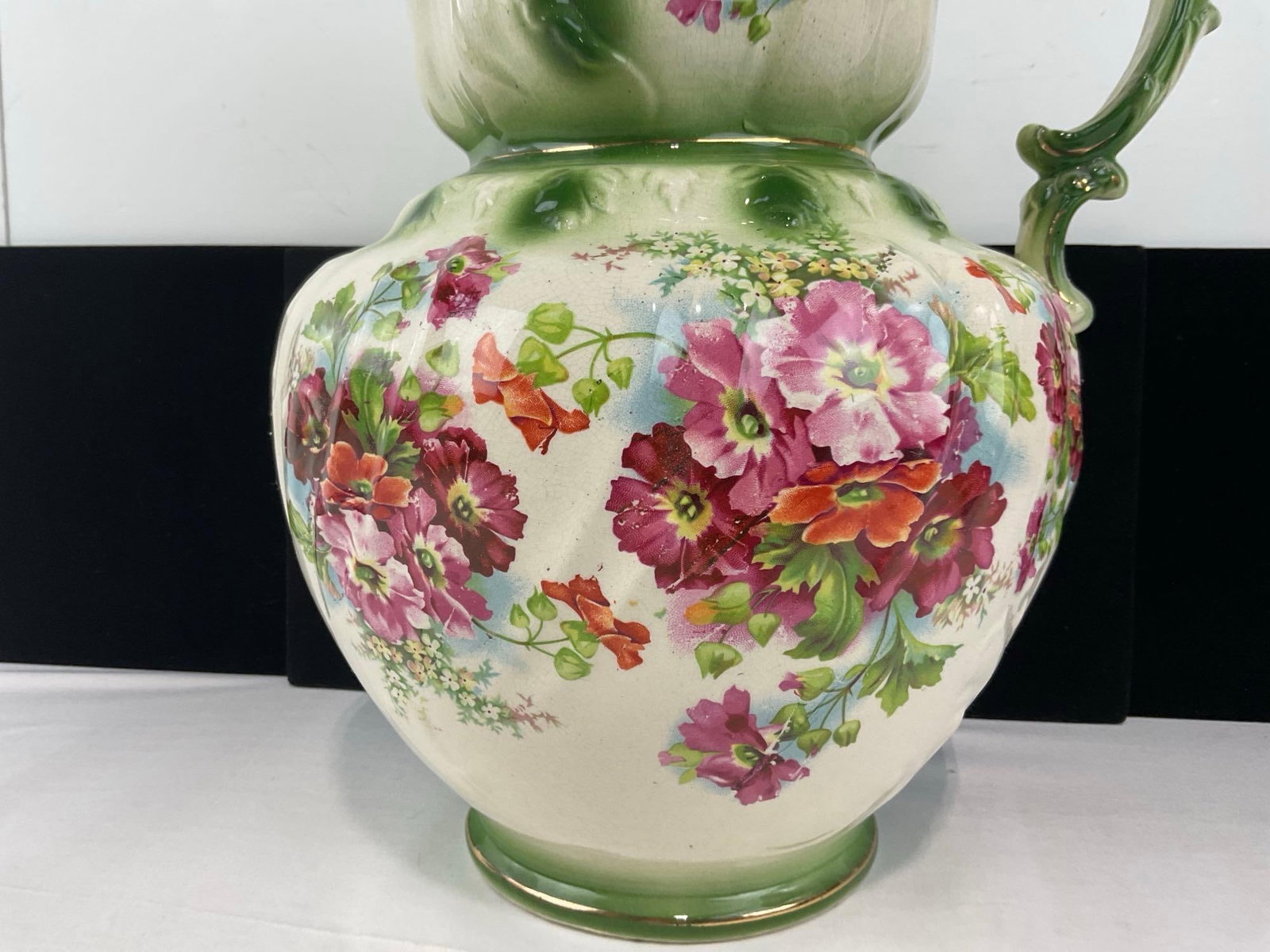 Vintage Ironstone Pitcher, Green on Cream Glazed w/ Handpainted Floral Design, 14x10x10 in - 3