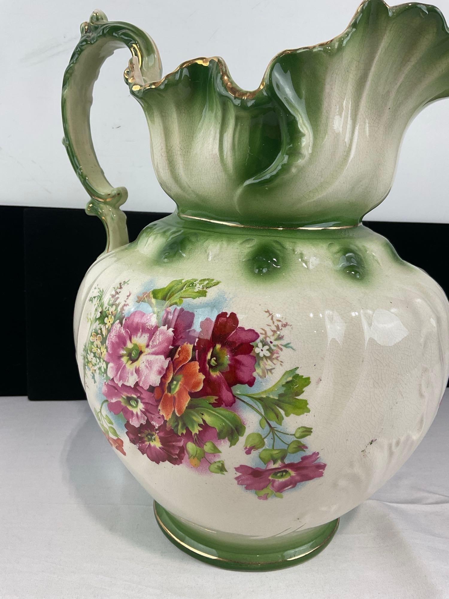 Vintage Ironstone Pitcher, Green on Cream Glazed w/ Handpainted Floral Design, 14x10x10 in - 4