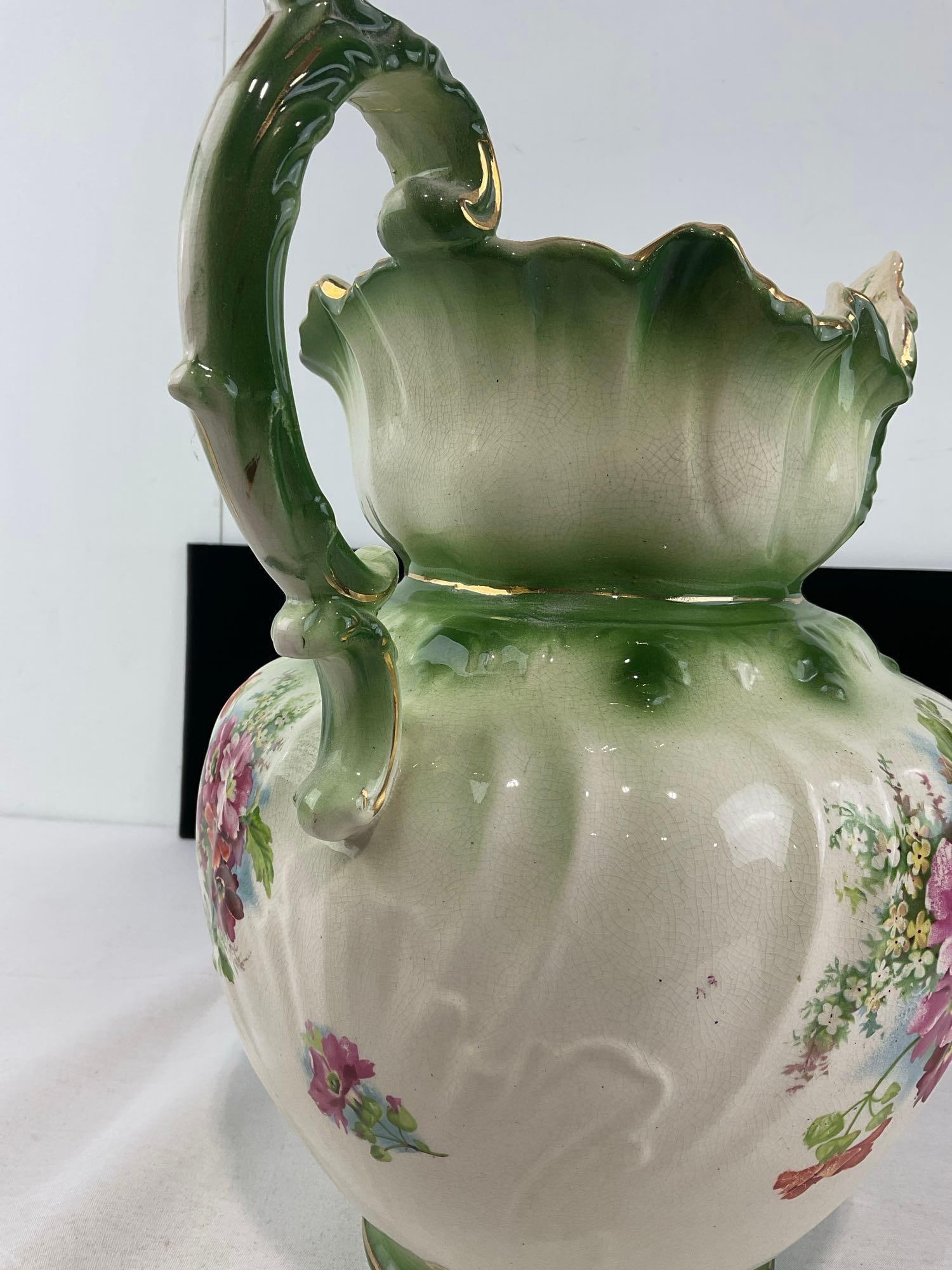 Vintage Ironstone Pitcher, Green on Cream Glazed w/ Handpainted Floral Design, 14x10x10 in - 5