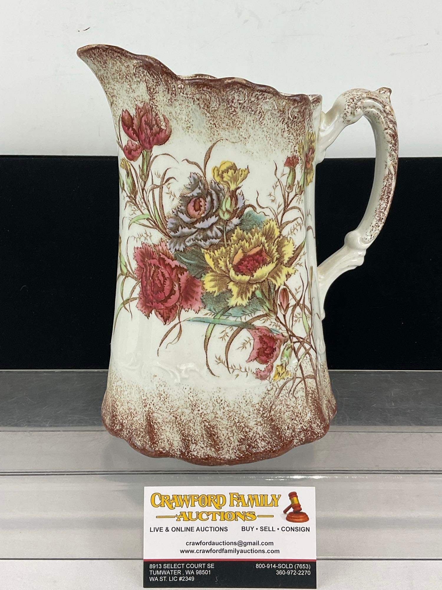 Antique Porcelain Pitcher, Transferware Floral Design, 9h x 8w x 6d inches: Some imperfections on the glaze. See pics for condition. Measures approx 9h x 8w x 6d inches. E-6620