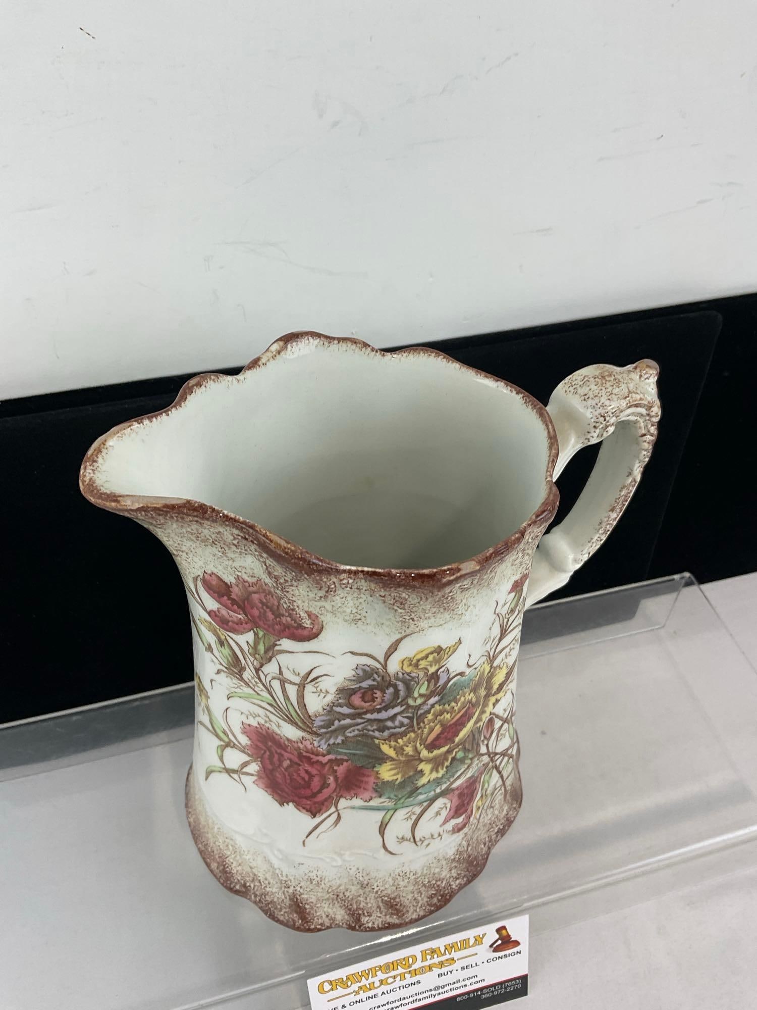 Antique Porcelain Pitcher, Transferware Floral Design, 9h x 8w x 6d inches - 2