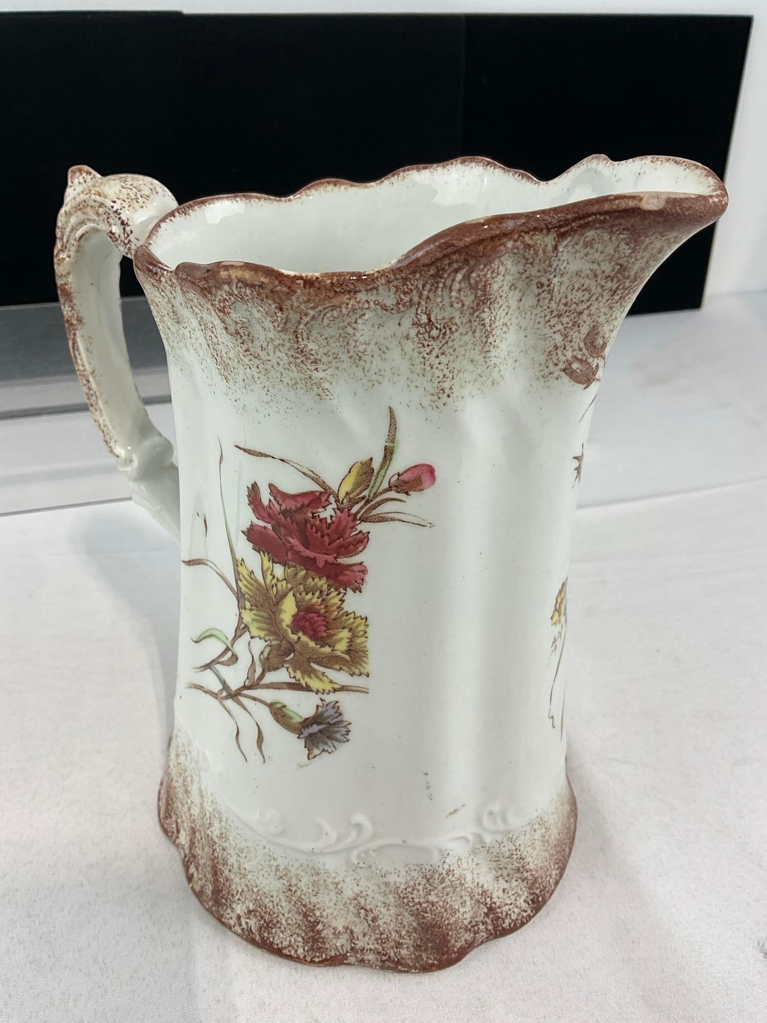 Antique Porcelain Pitcher, Transferware Floral Design, 9h x 8w x 6d inches - 3